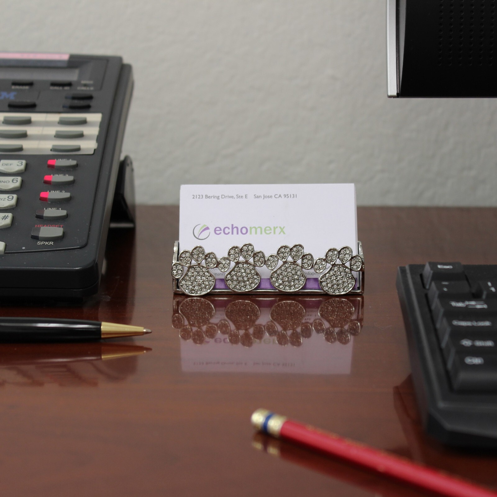 Bejeweled Paw Print Business Card Stand Holder Bling Crystals Animal Pet Lovers