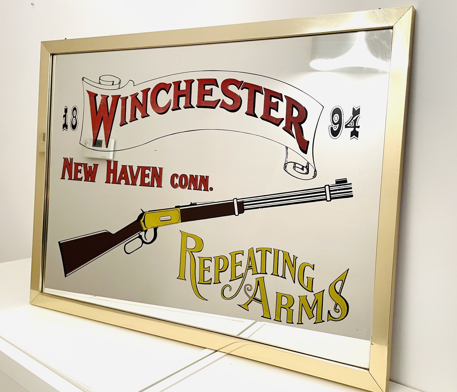 ✅ Large XL Advertising Mirror 70s WINCHESTER Rifles Brass Frame