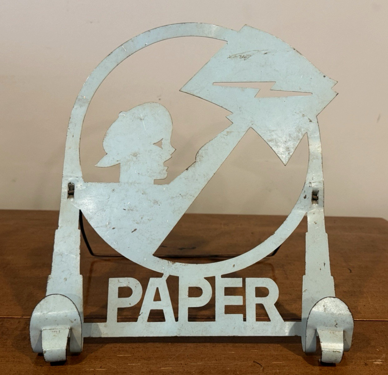 Vintage Art Deco 1920s Newspaper Holder Paper Boy Cutout Metal Stand (ey)