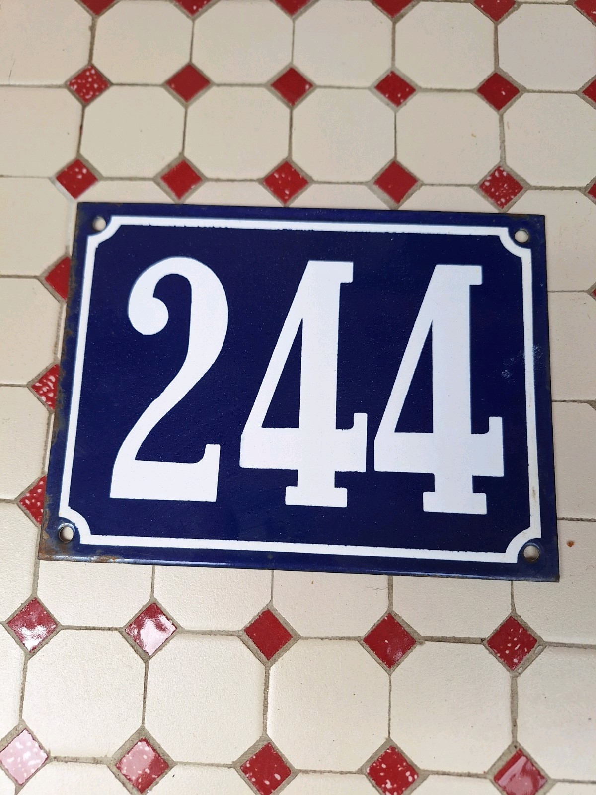 Large Antique Enameled Plaque Street Number 244 20X15cm Navy Blue Enamel
