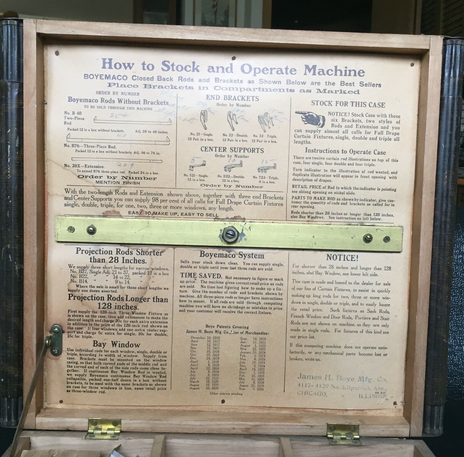 1926 WOODEN BOX w METAL DIAL CHART CURTAIN FIXTURES JAMES H. BOYE MFG CO Chicago
