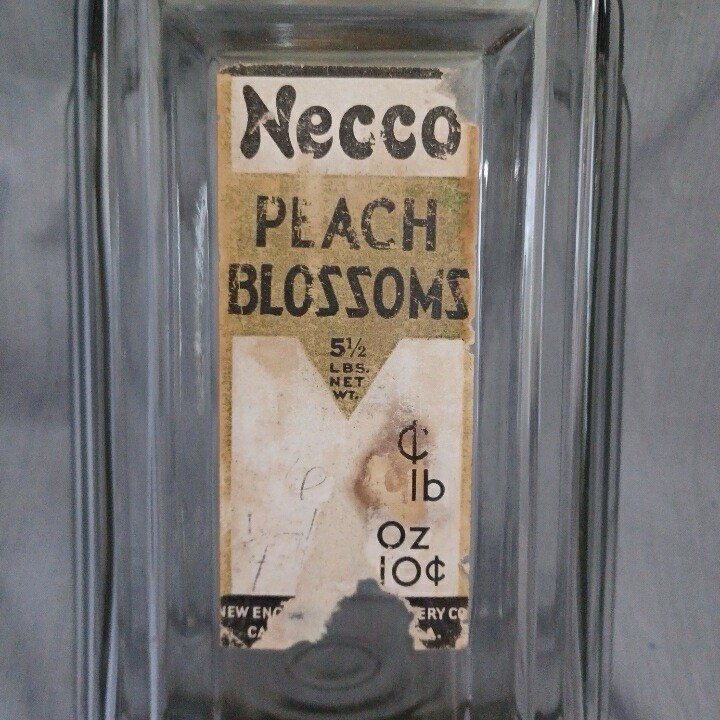 Vintage Necco Glass Candy Jar Tin Lid Paper Label Peach Blossoms Art Deco