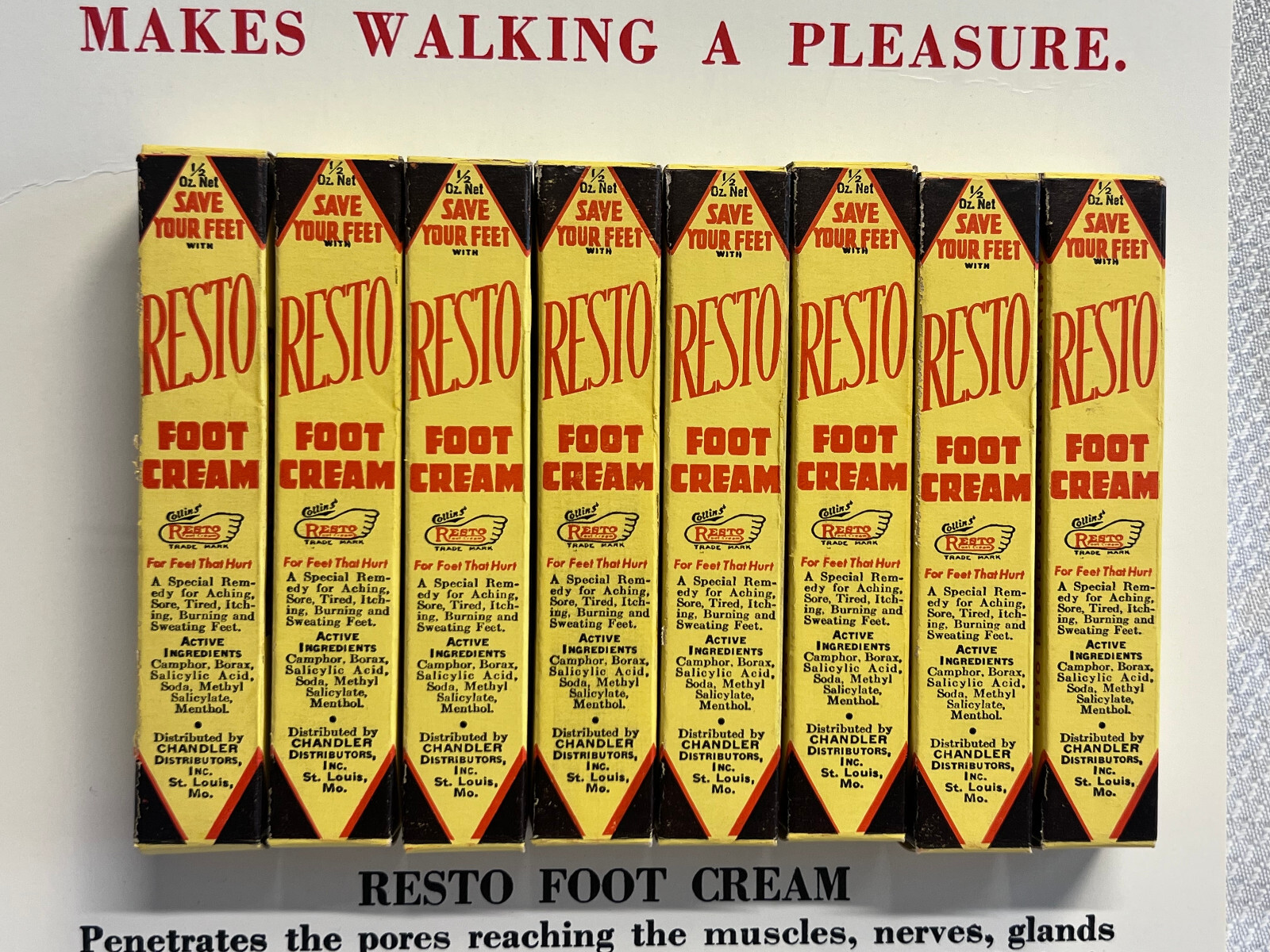 Vtg Resto Foot Cream 8 Empty Packs On Display Point Of Sale Board Chandler Dist.