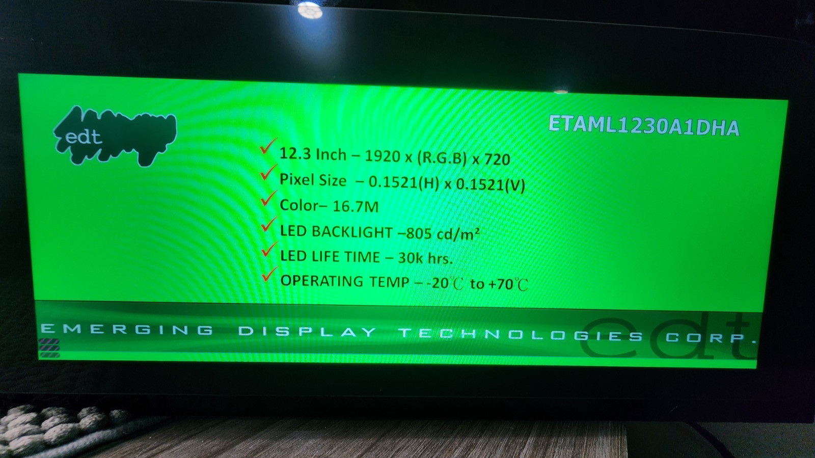 EDT Emerging Display Tech Corp Sample Display Solution 12.3 inch 1920×720
