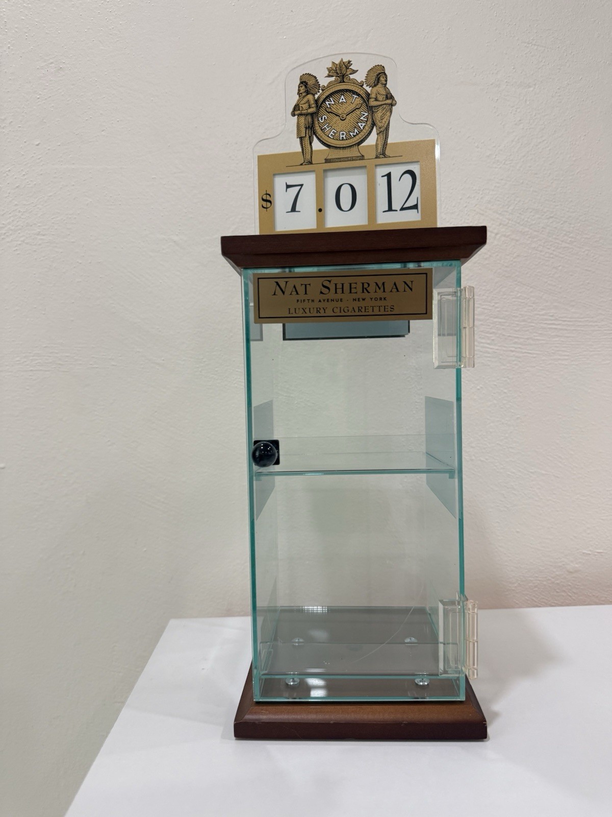 Vintage Nat Sherman Luxury Cigarettes Acrylic Counter Display Case Wood Base