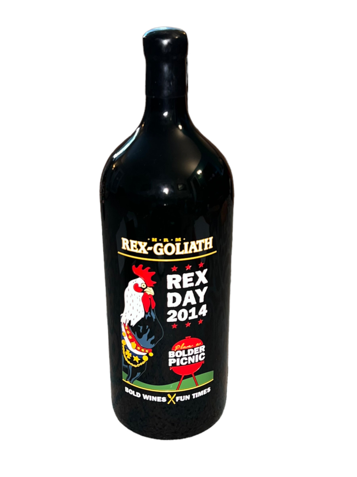HRM Rex Goliath 2014 Rex Day Oversized 6 Liter Etched Rooster Promo Wine Bottle