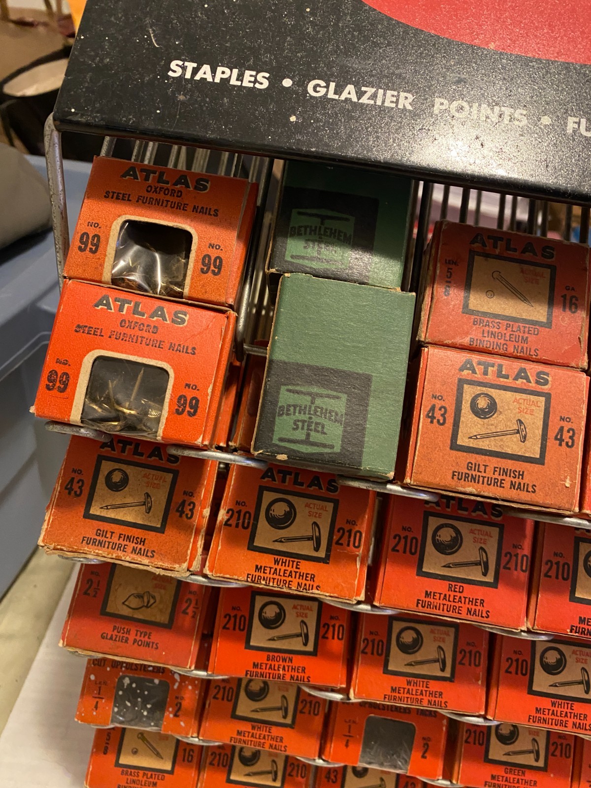 Vintage Atlas Tack and Nail Bar wire rack counter display w/ (65) NOS boxes