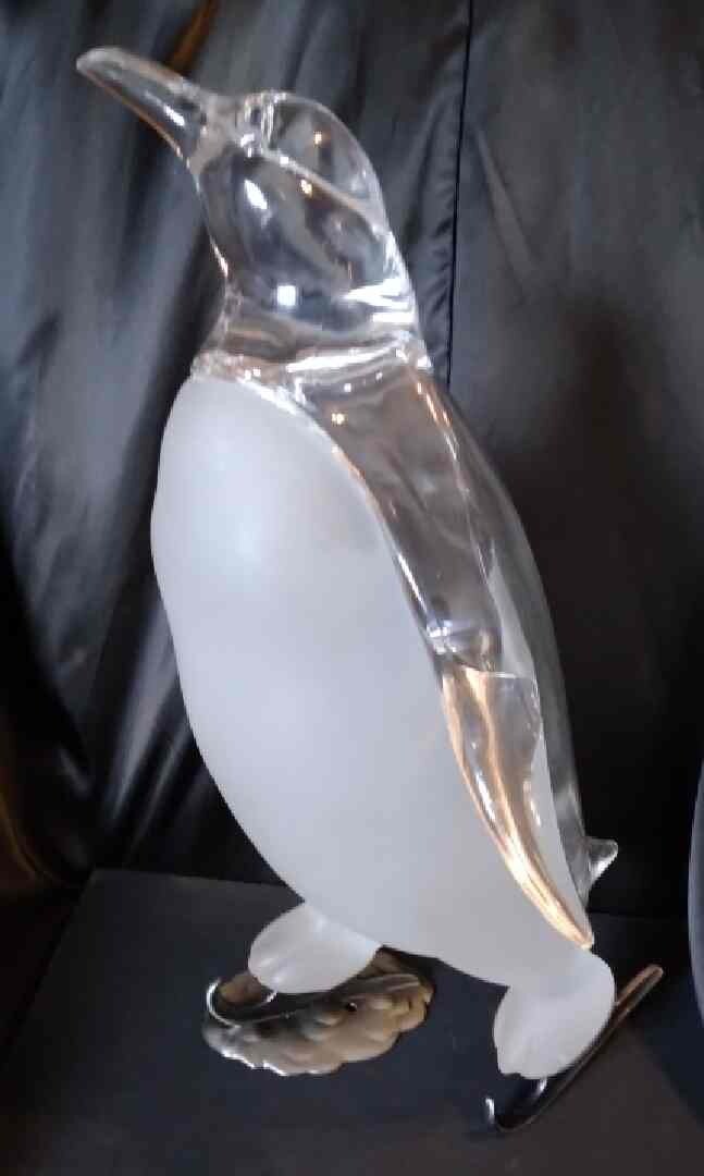 Mid Century Modern Frozen Clear Lucite Penguin w/ Frosted Chest Advert Display