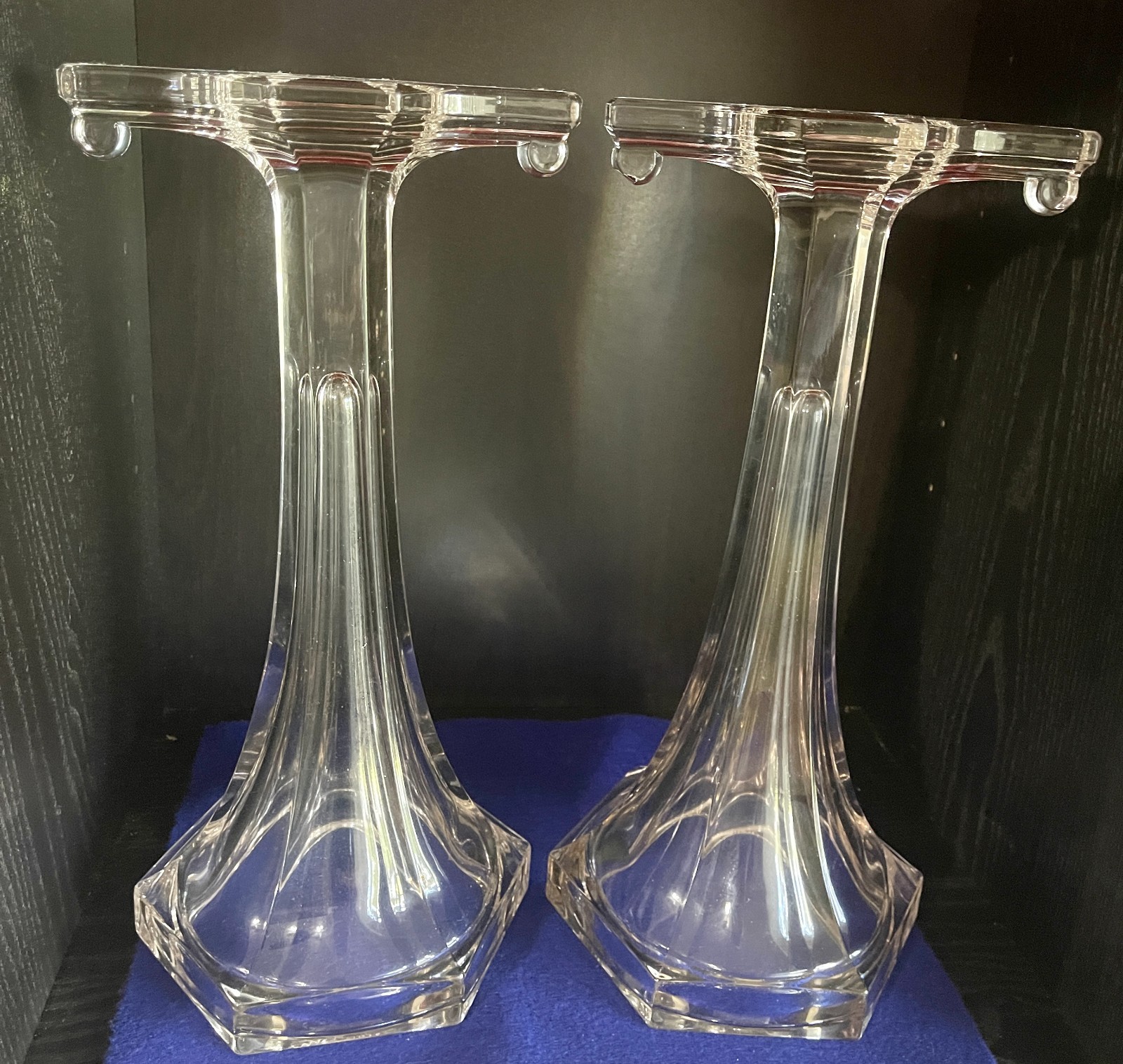 2 Vintage Art Deco Elegant Glass Shelf Risers Display Column Stands 12 1/4″ H