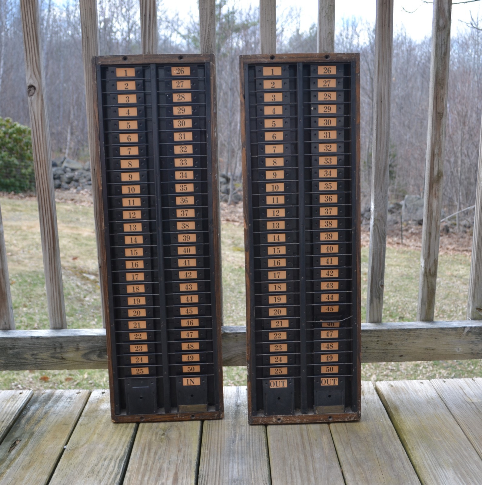 Lot of 2 Vtg Simplex Time Record Card Racks Wood Industrial 50 Slots Each