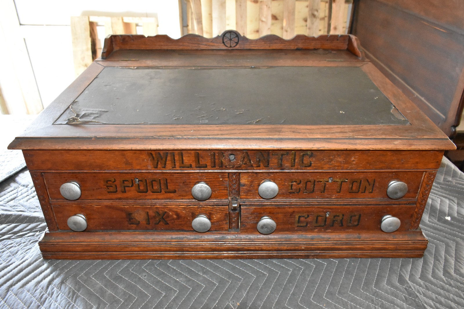 Antique Willimantic General Store Spool Cabinet w/ Leather Writing Top 1900