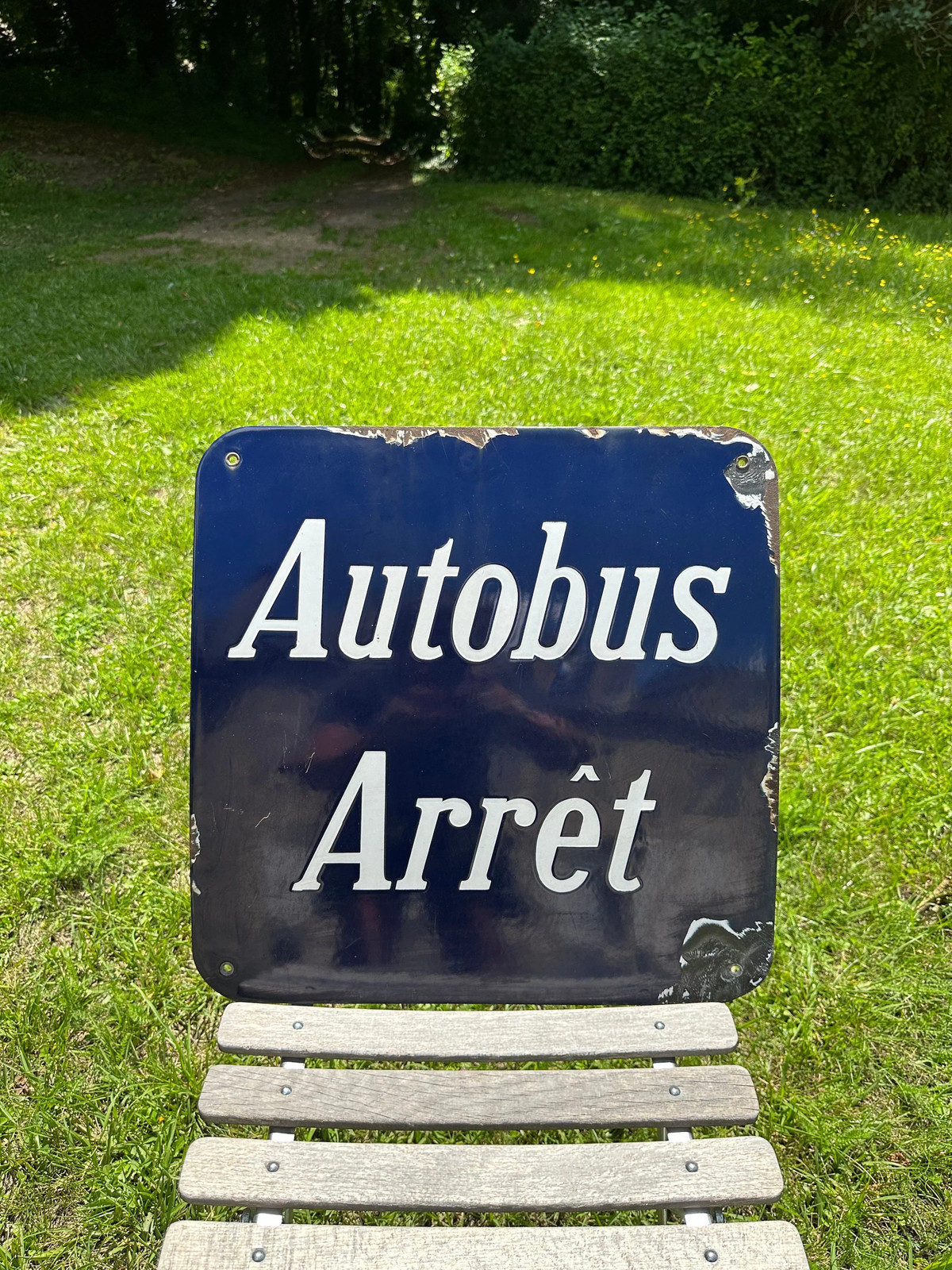 Vintage 1930’s Enameled Sheet Metal “AUTOBUS STOP” French City Street Sign