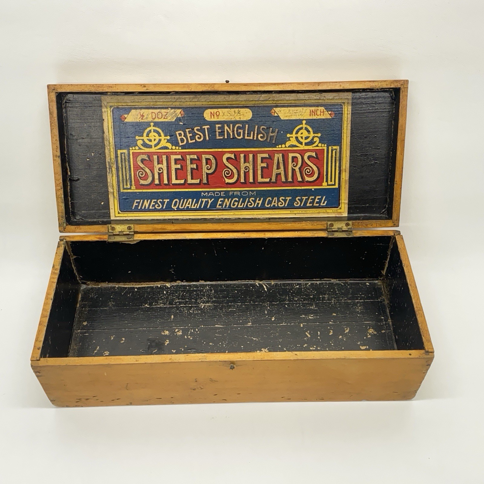 1930’s Best English Sheep Shears Wood Advertising Store Display Box Paper Label