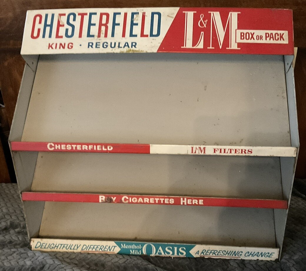 VINTAGE CHESTERFIELD/LM METAL GENERAL STORE CIGARETTE DISPLAY RACK & CARDS
