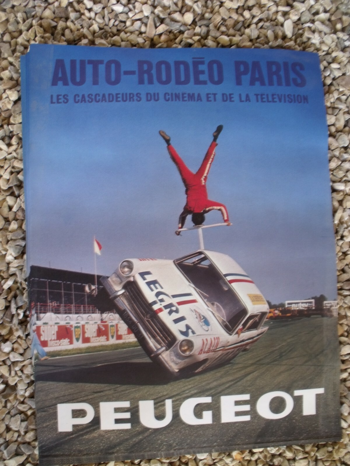 old PEUGEOT 404 A.LEGRIS CAR MOTORCYCLE STUNTMAN POSTER no enamelled