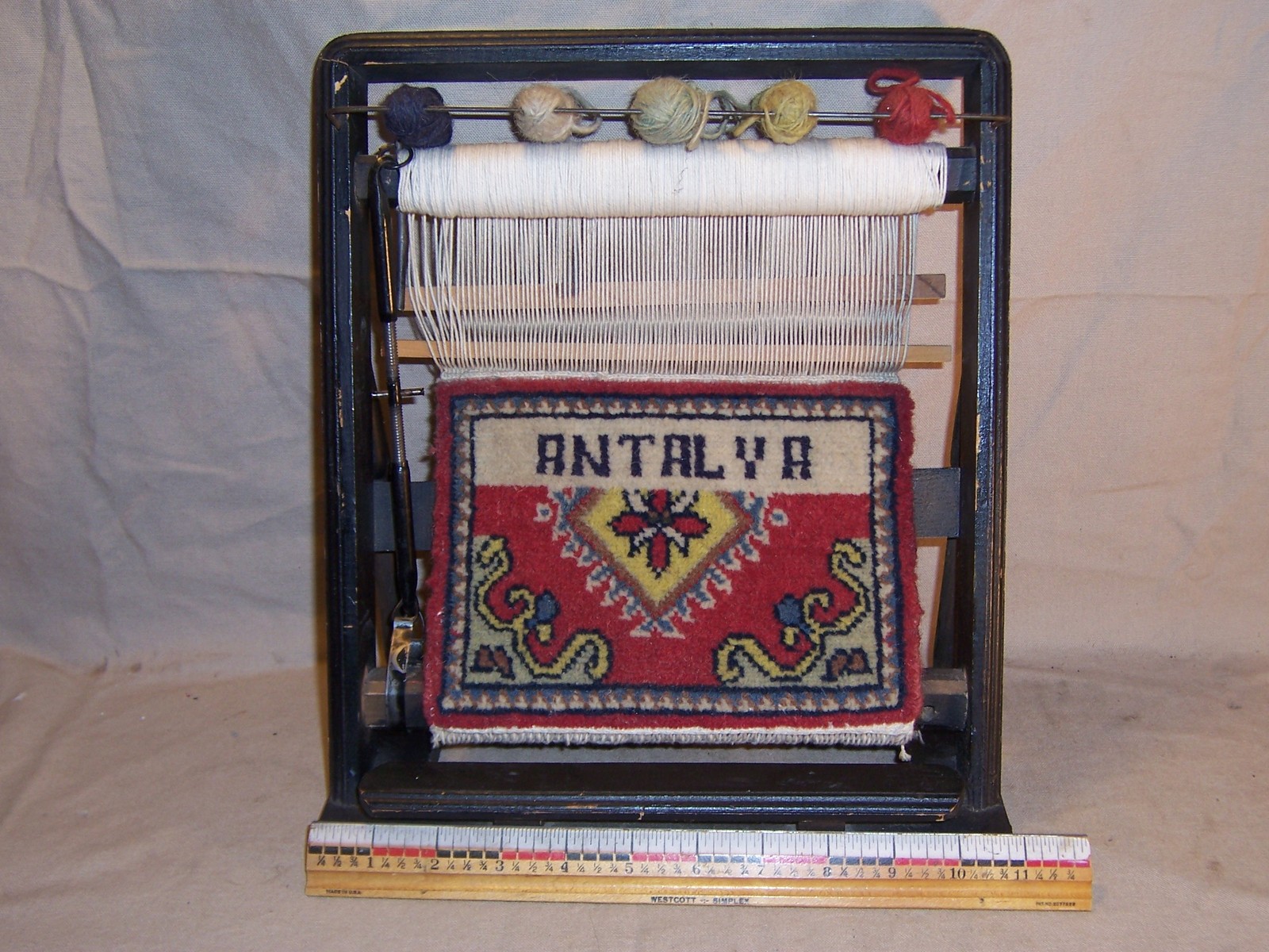 Vintage Antalya wool rug carpet advertising store display miniature loom