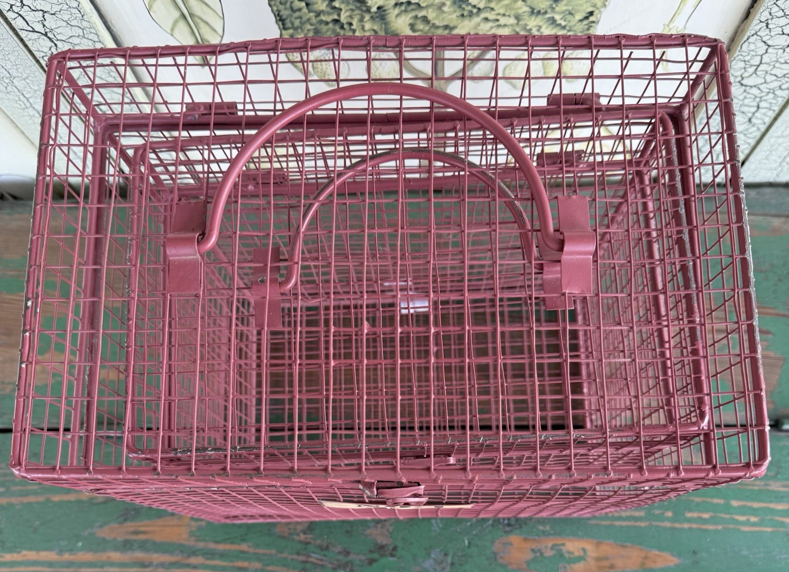Vintage Pink Metal Wire Cage Crate Industrial Storage Display Box w Number Tags