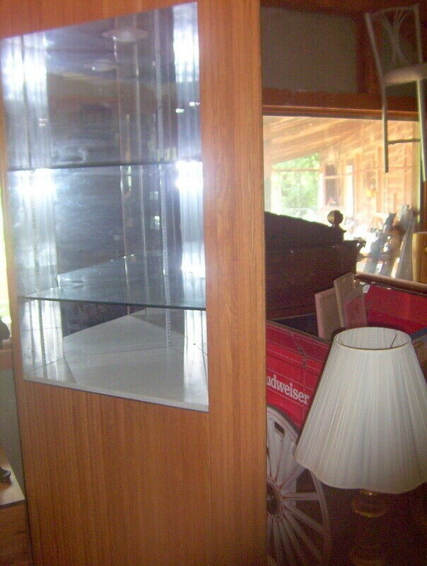 Corner Oak cabinets /Art/Museum Treasures lighted display 95X35X22 have 2