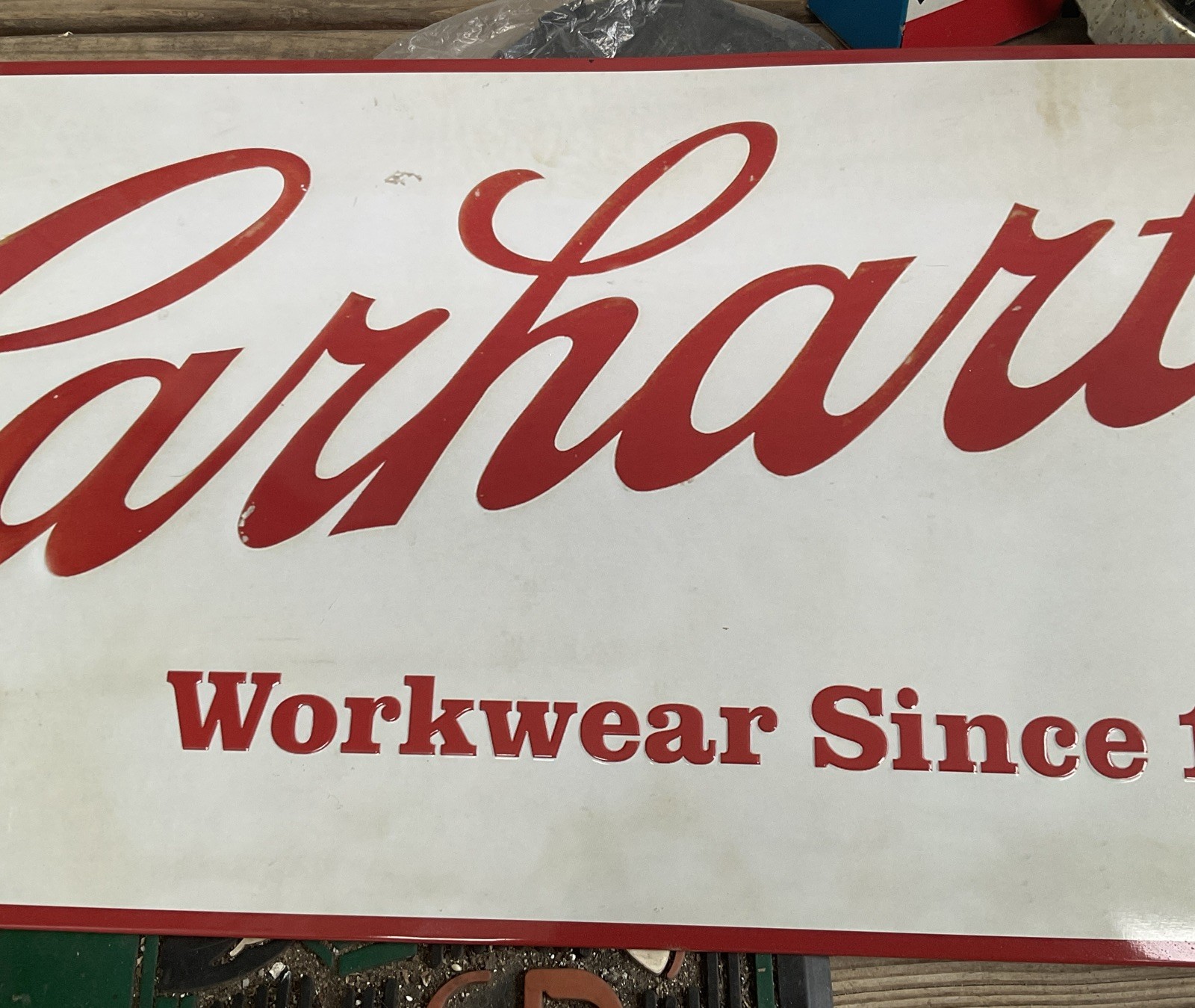 Vtg CARHARTT WORKWEAR SINCE 1889 – Metal Tin Sign Embossed 24″x12″ Mancave