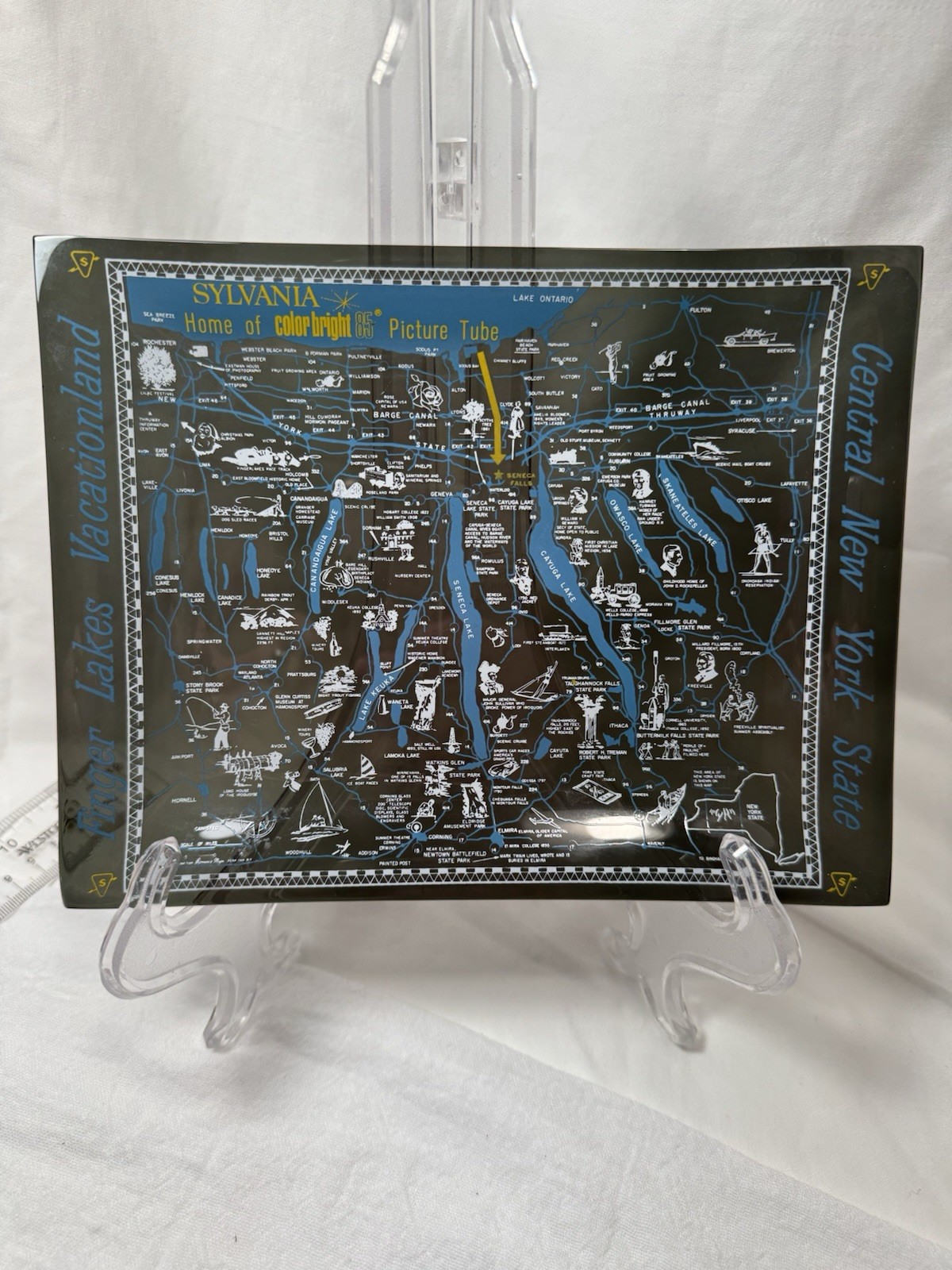 VTG Sylvania Color Bright 85 Picture Tube Ad Glass Tray Finger Lakes NY Map Tray