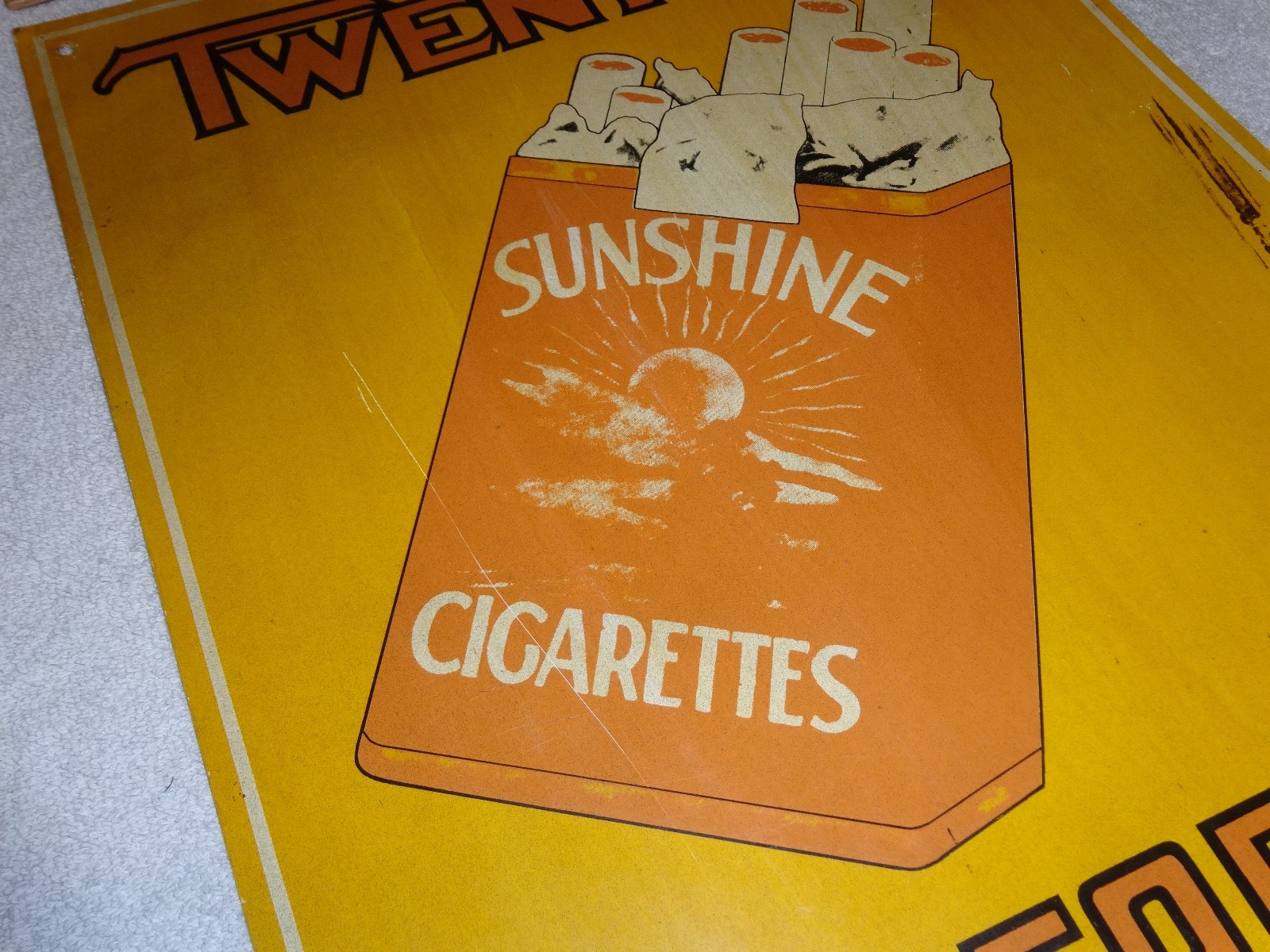 VINTAGE TWENTY SUNSHINE CIGARETTES FOR 15 CENTS 18″ X 13 3/4″ METAL TOBACCO SIGN