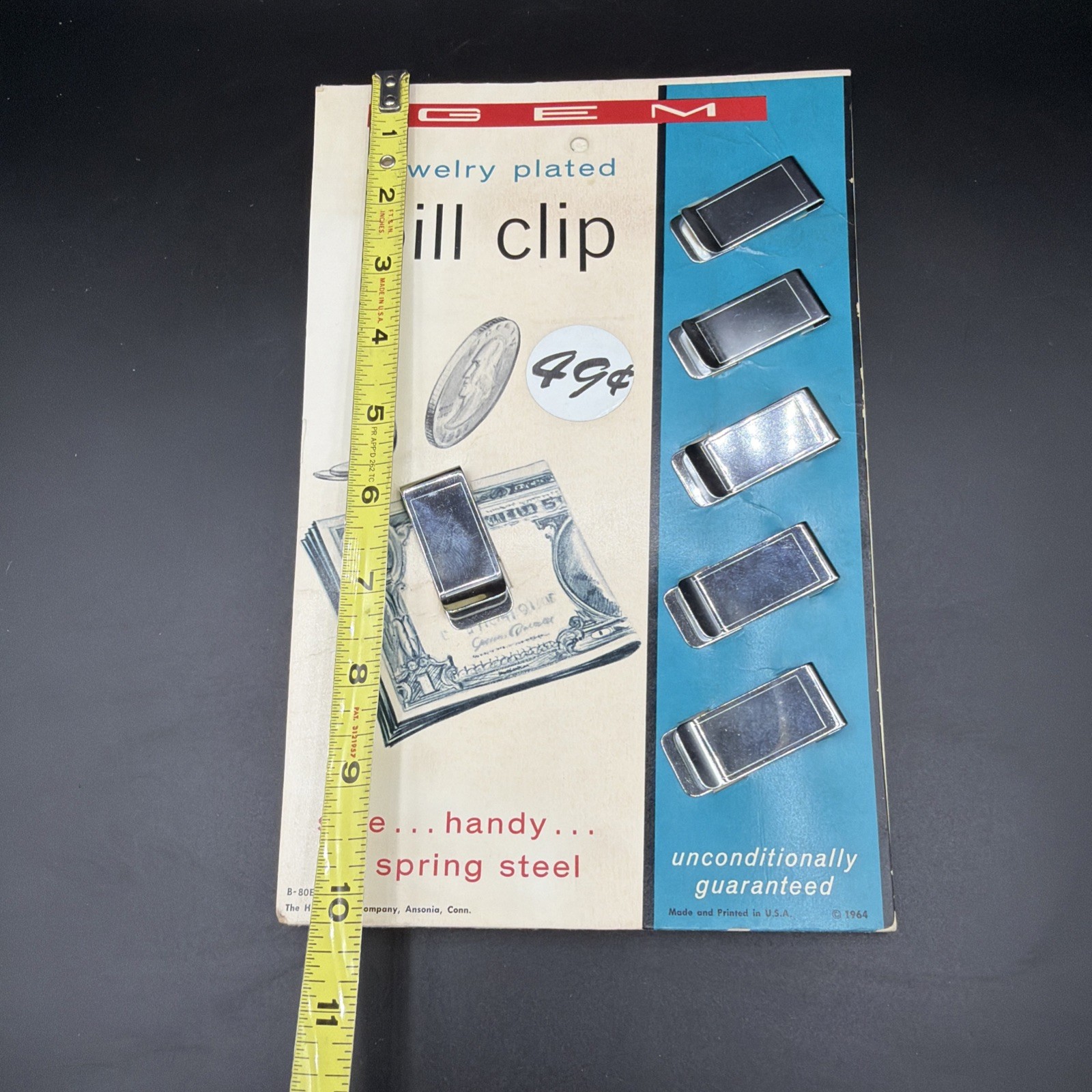 Gem Jewelry Plated Bill Clip Cardboard Advertising Display Money Clip 1964 USA