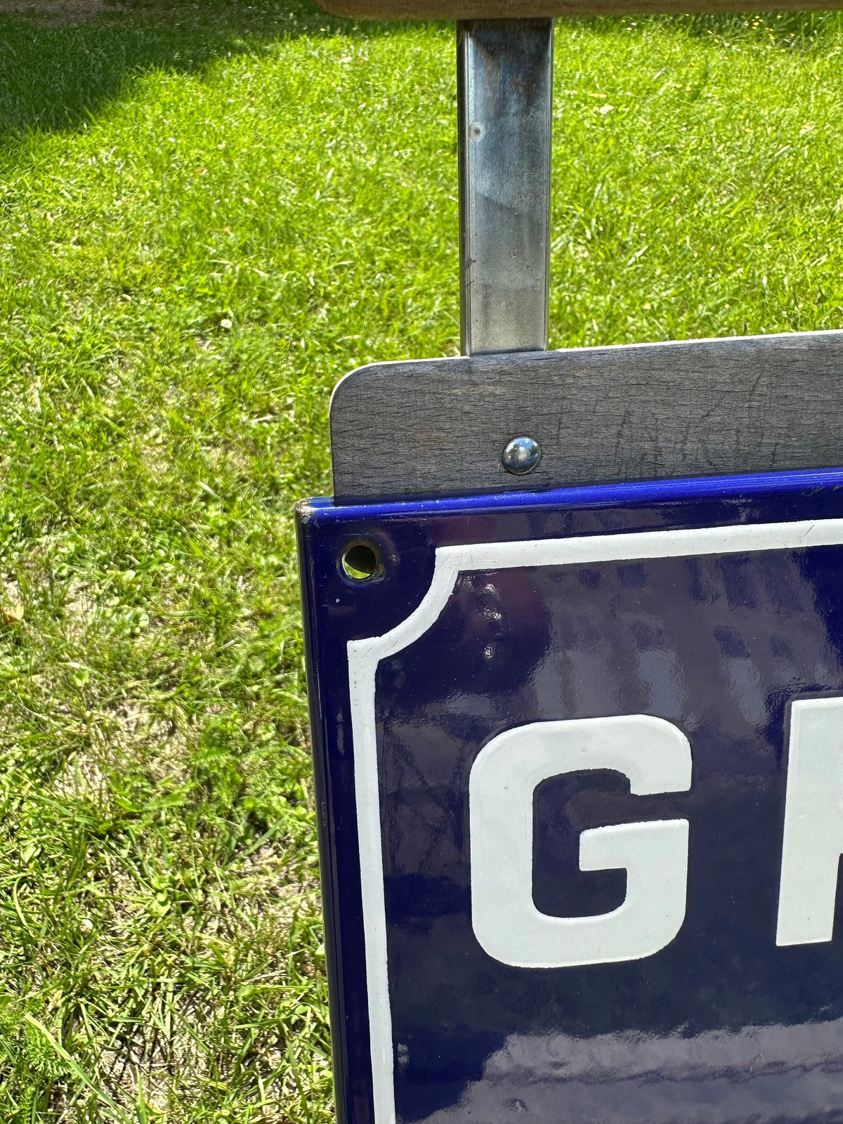 Vintage French City Street Sign “GRANDE RUE” in Blue Enamelled Sheet Metal