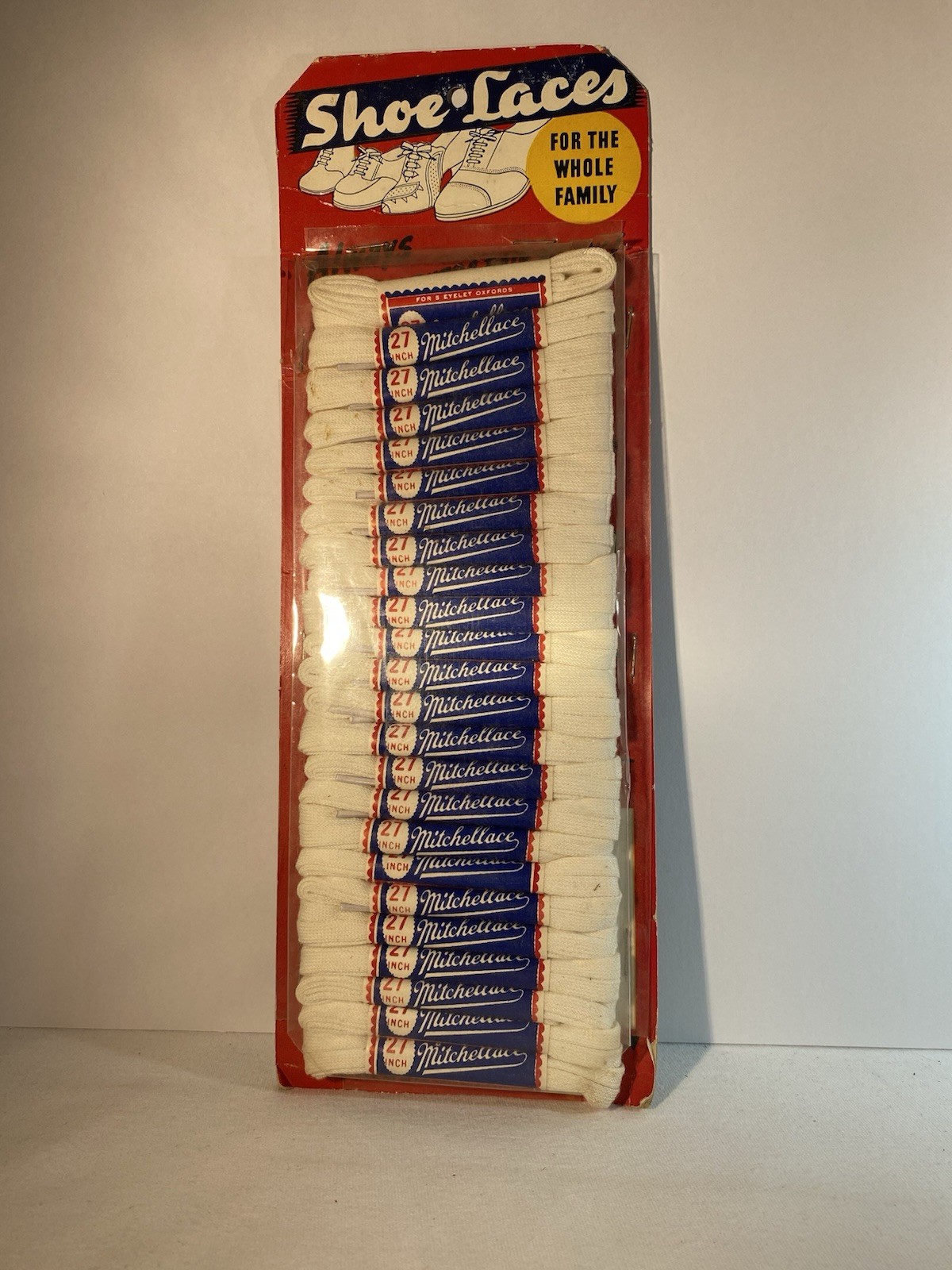 Vintage Mitchellace Shoe Laces NOS Store Wall Display 24 x 27″ White Laces