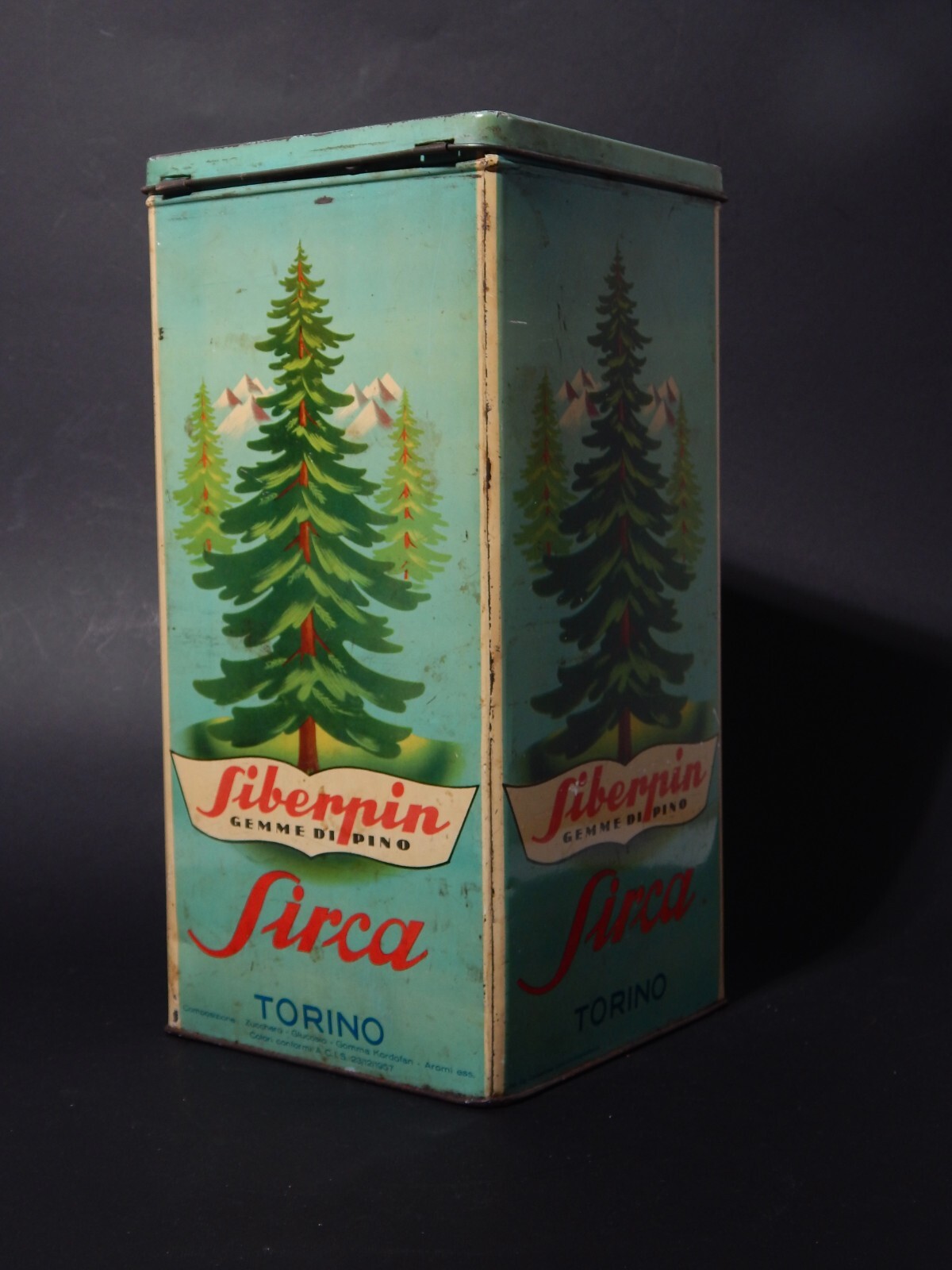 RARE VINTAGE ADVERTISING TIN BOX PINE GEMS SIBERPIN SIRCA TURIN