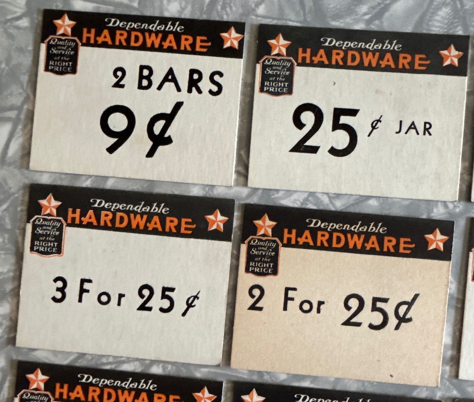 17 DIFF CIRCA 1920’S DEPENDABLE HARDWARE STORE PRICE TAGS CANDY BARS JARS