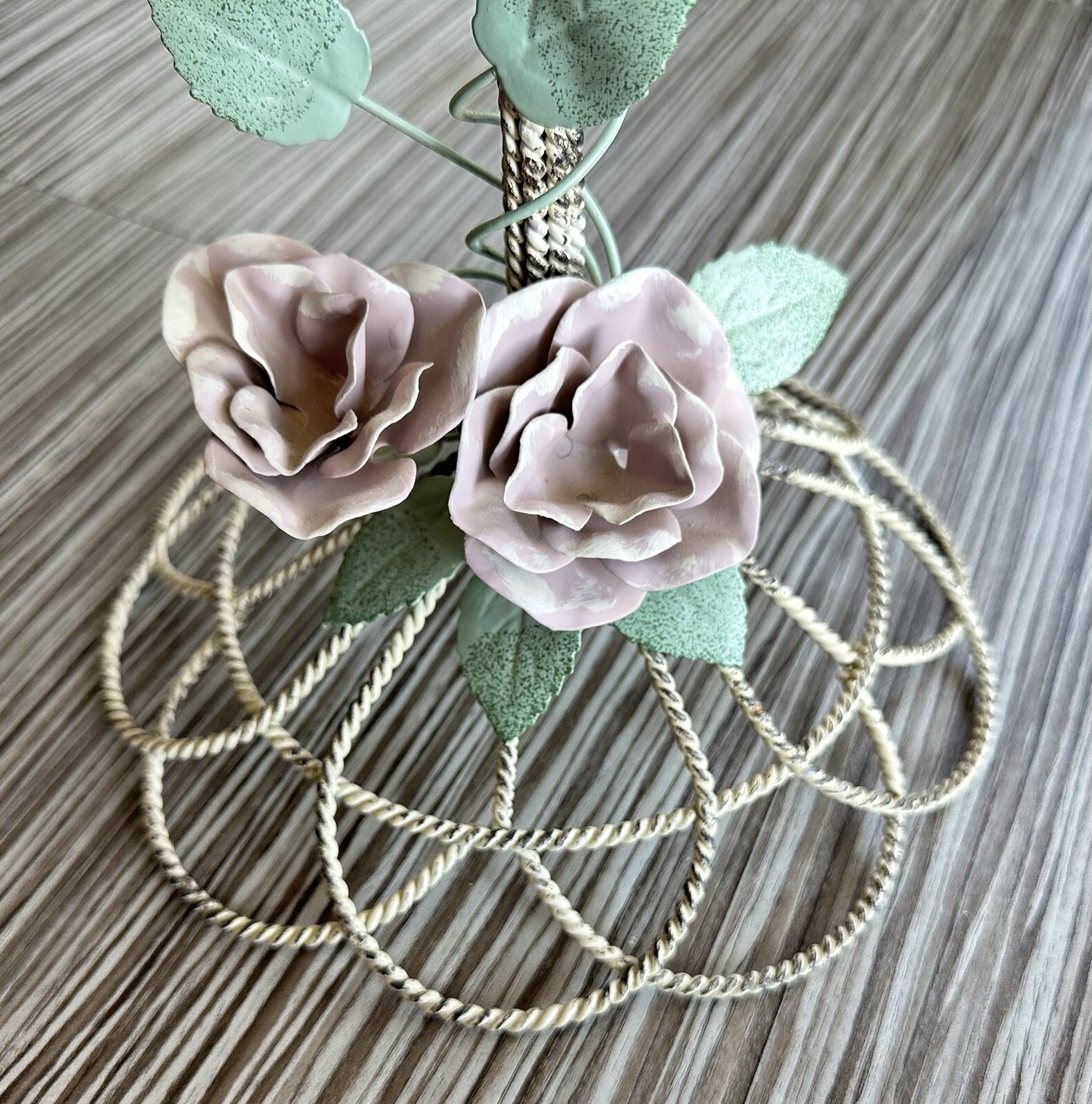 Vintage Antique Twisted Wire Metal Tole White & Pink Rose Hat Stand
