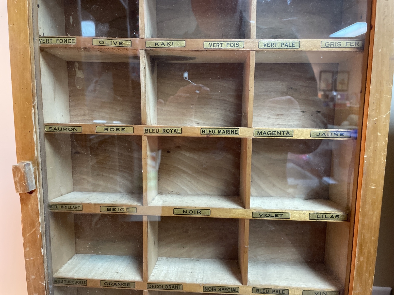 Early Circa 1930’s Ampollina Dyes Wooden Store Display Cabinet, Glass Front