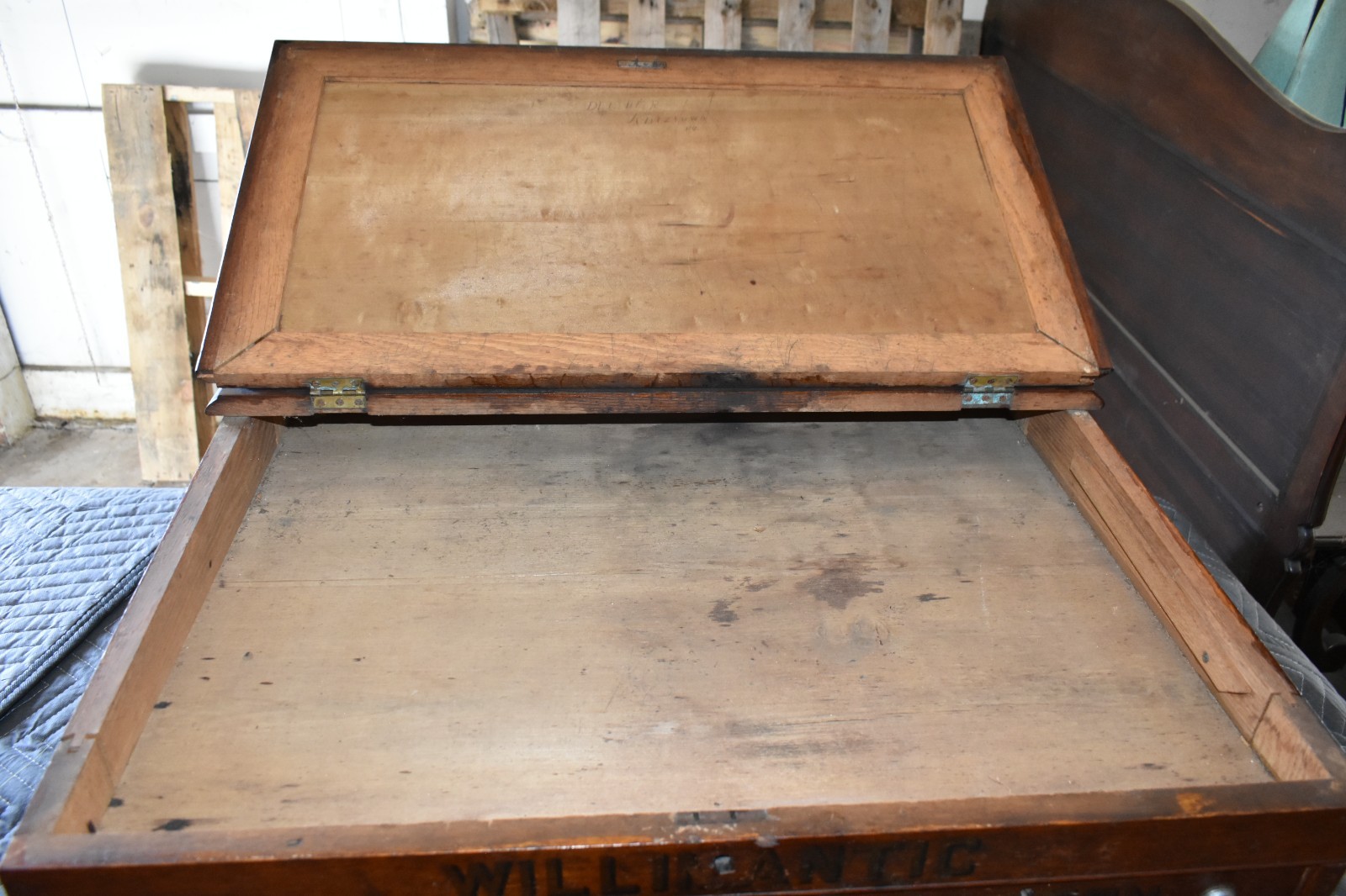 Antique Willimantic General Store Spool Cabinet w/ Leather Writing Top 1900