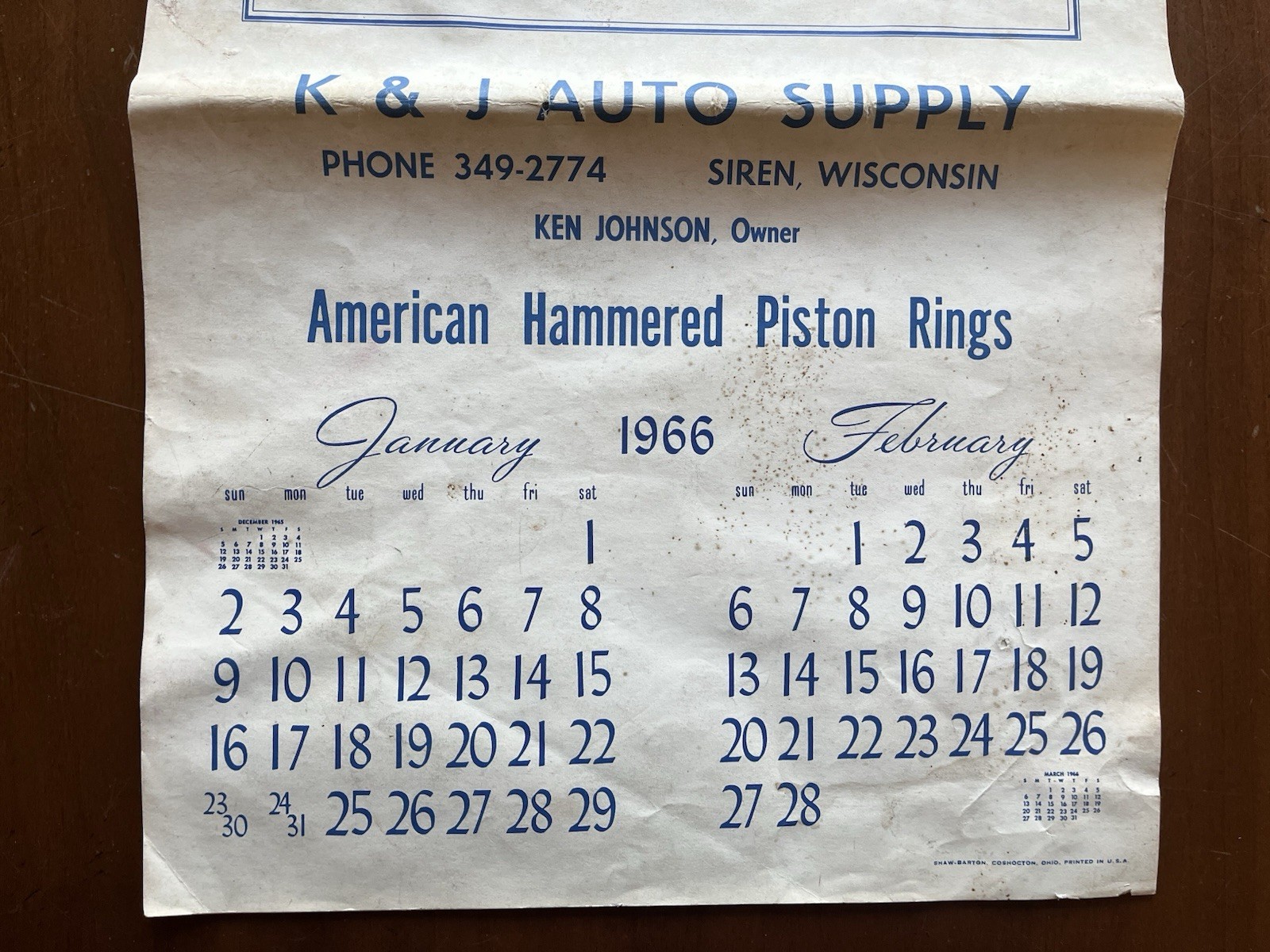 1966 American Hammered Piston Rings Calendar K&J Auto Supply Display Siren WI