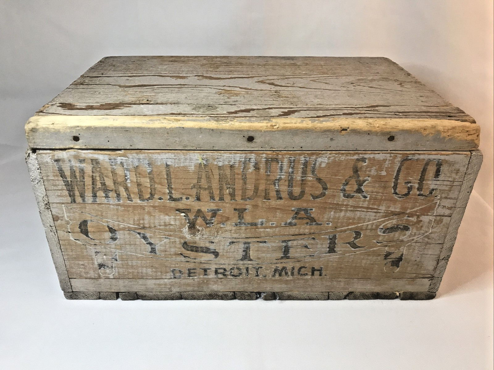 Antique Ward L Andrus Co Oysters Shipping Crate Wood Box Advertising Detroit Can