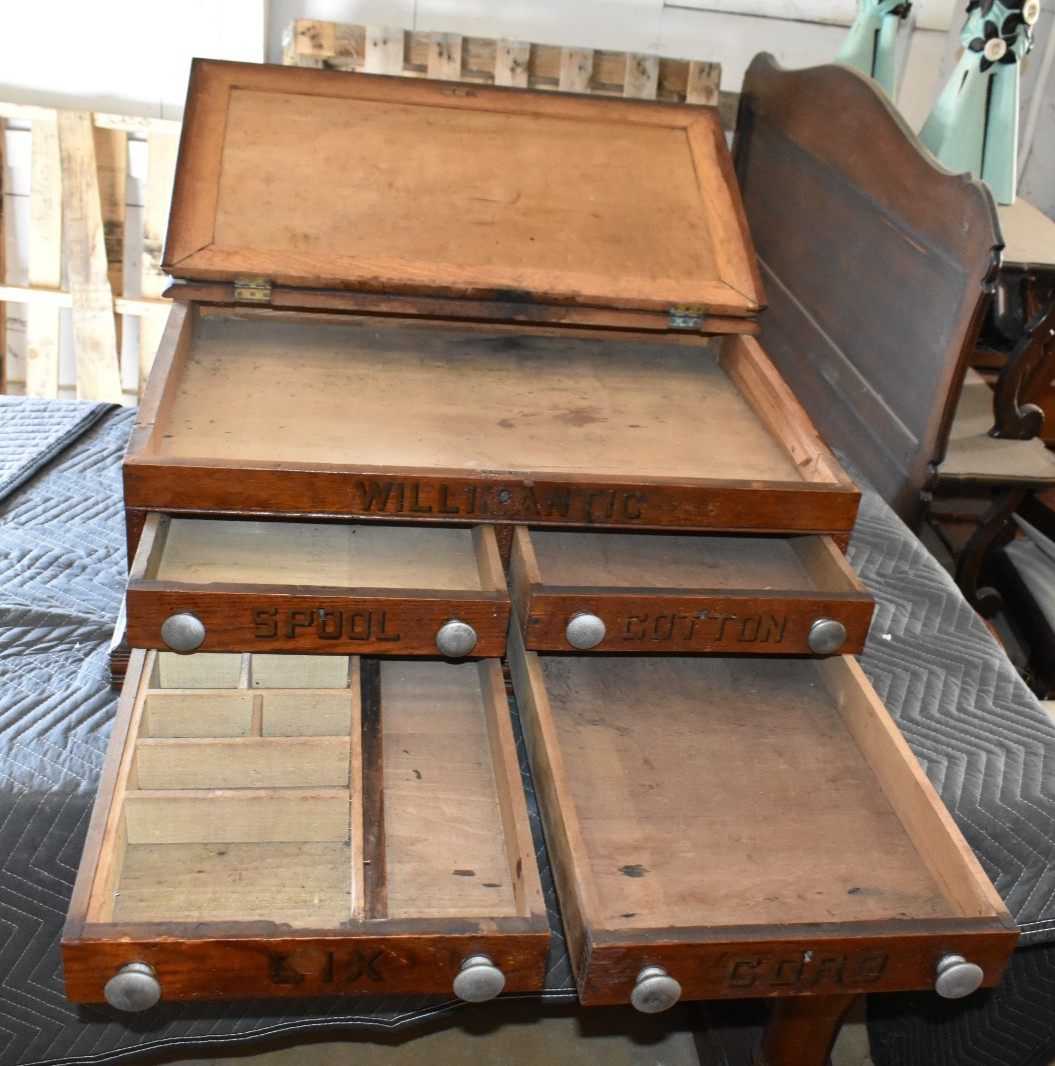 Antique Willimantic General Store Spool Cabinet w/ Leather Writing Top 1900
