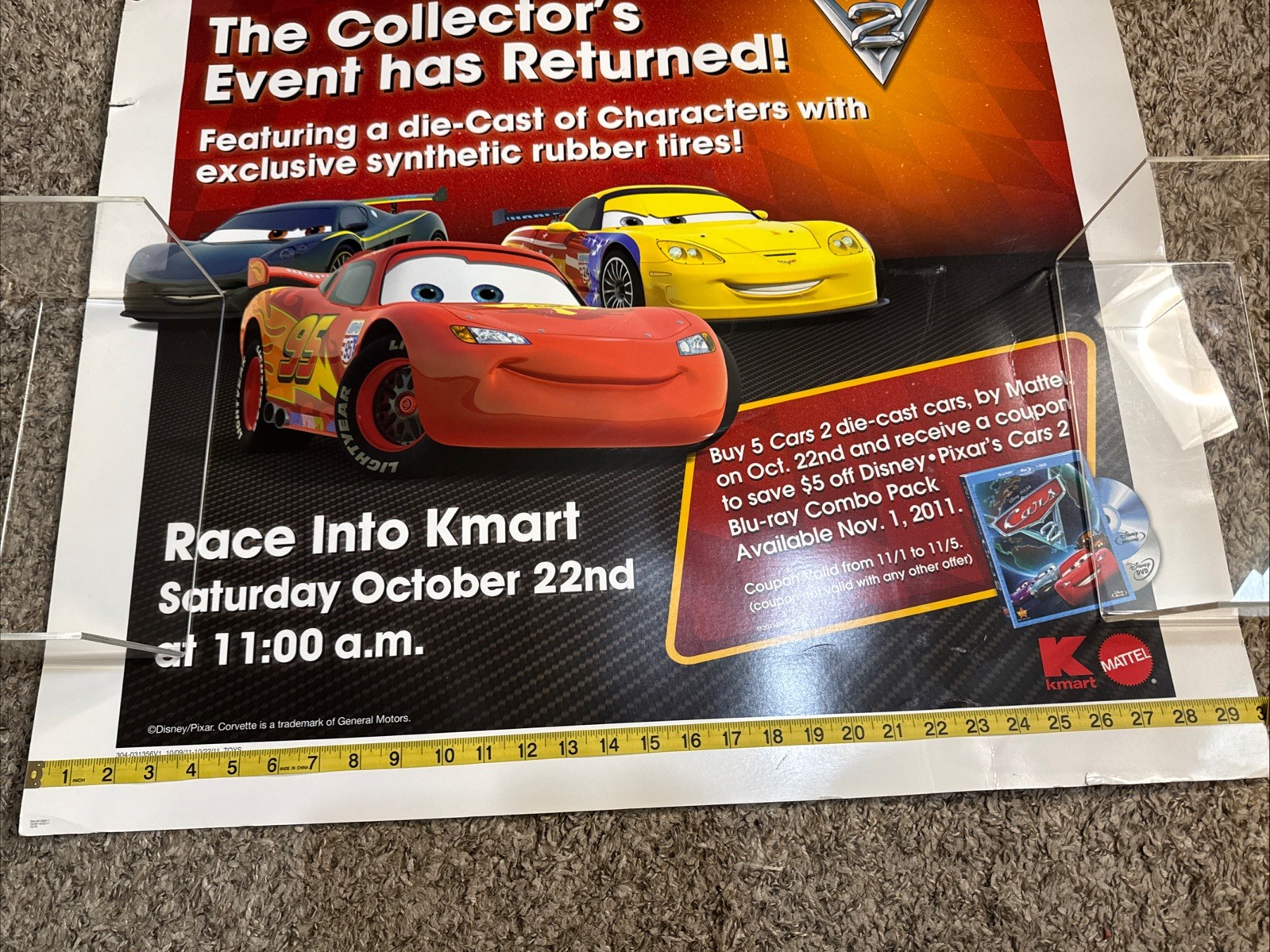 Disneys Cars 2 Movie Event Mattel Kmart Store Display Sign Poster 30×30” in