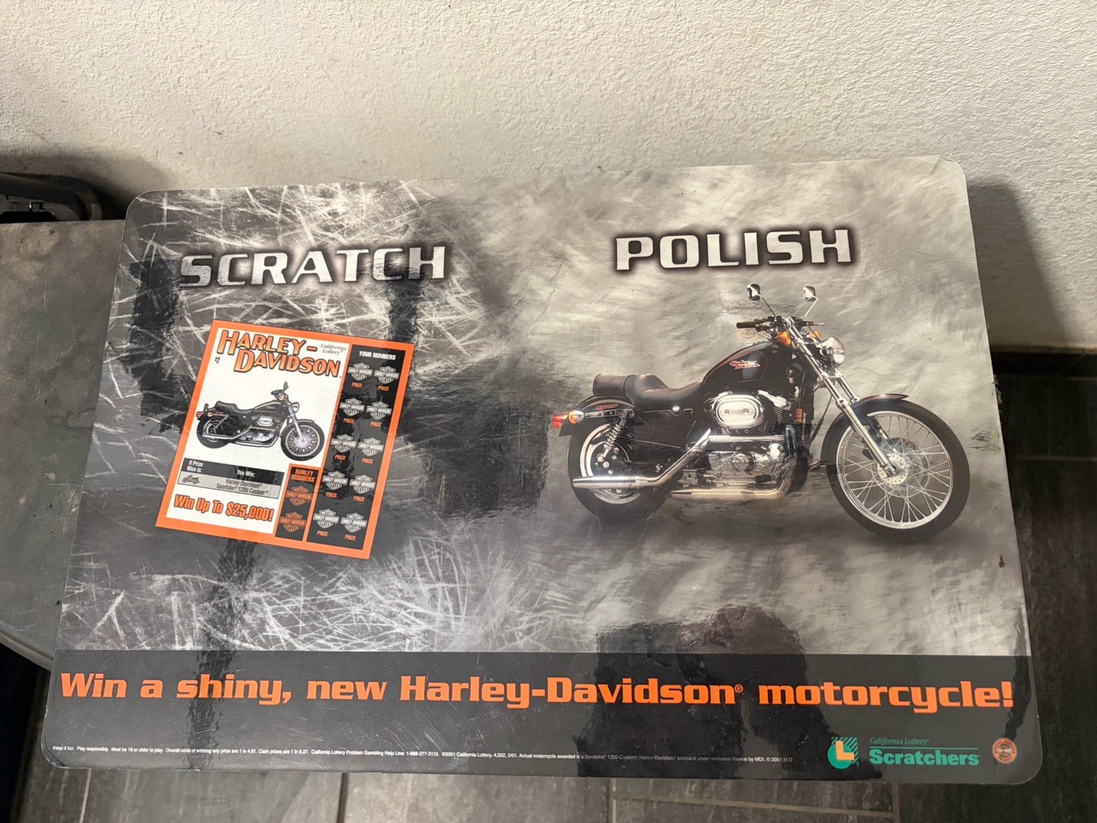 Vintage 2001 Harley-Davidson California Lottery Counter Mat Store Display Sign