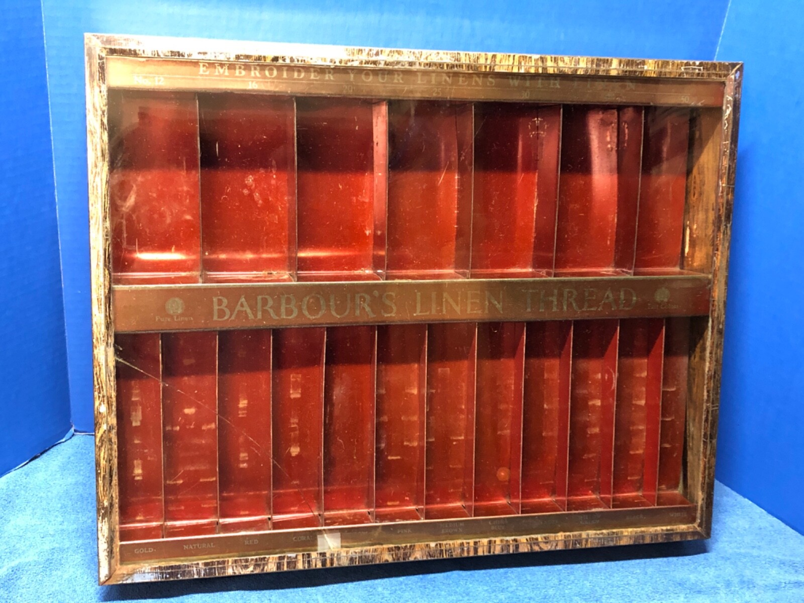 BARBOUR’S Linen THREAD Antique ORIGINAL Metal Counter DISPLAY Case for SPOOLS