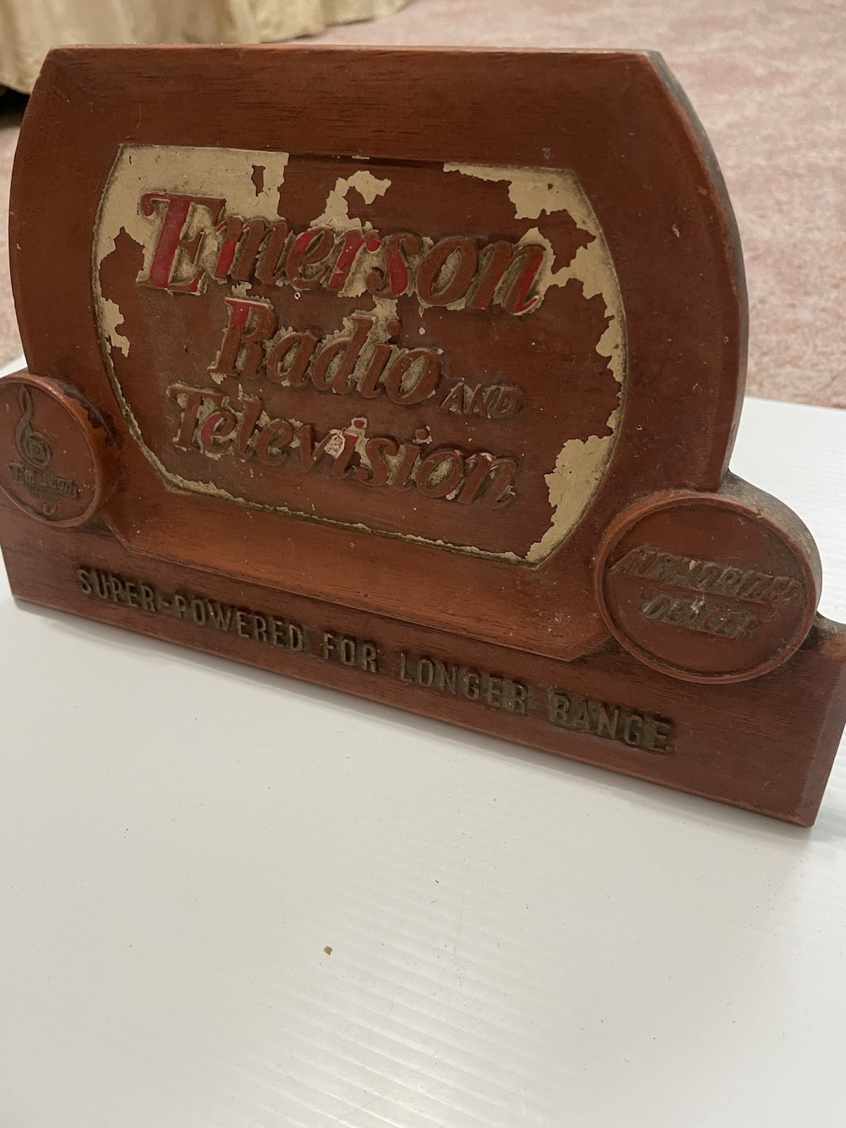VTG Emerson TV Radio Dealers Store Counter Display Plaque Stand Advertisement
