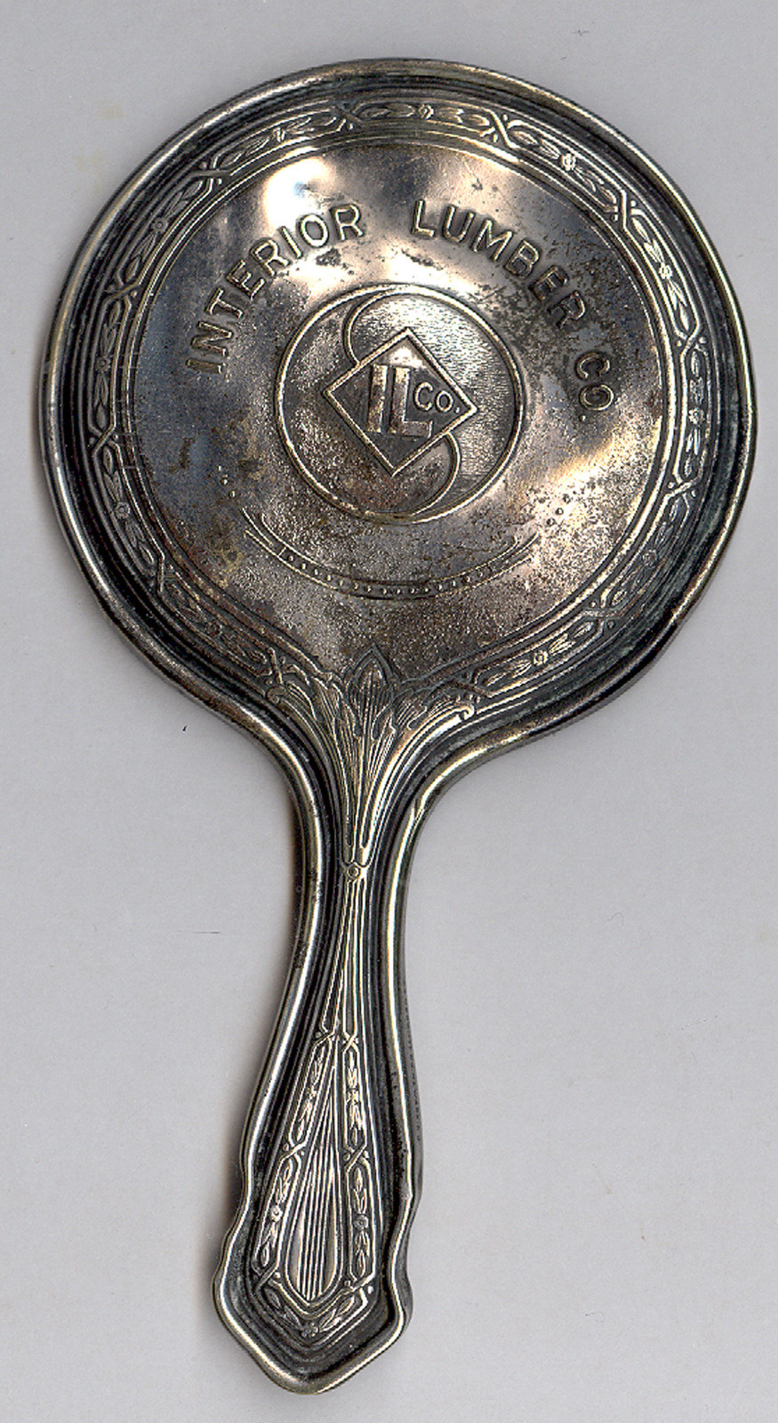 SM PURSE HAND MIRROR, ADV “INTERIOR LUMBER” TRANSITIONAL DATE, NOUVEAU & DECO