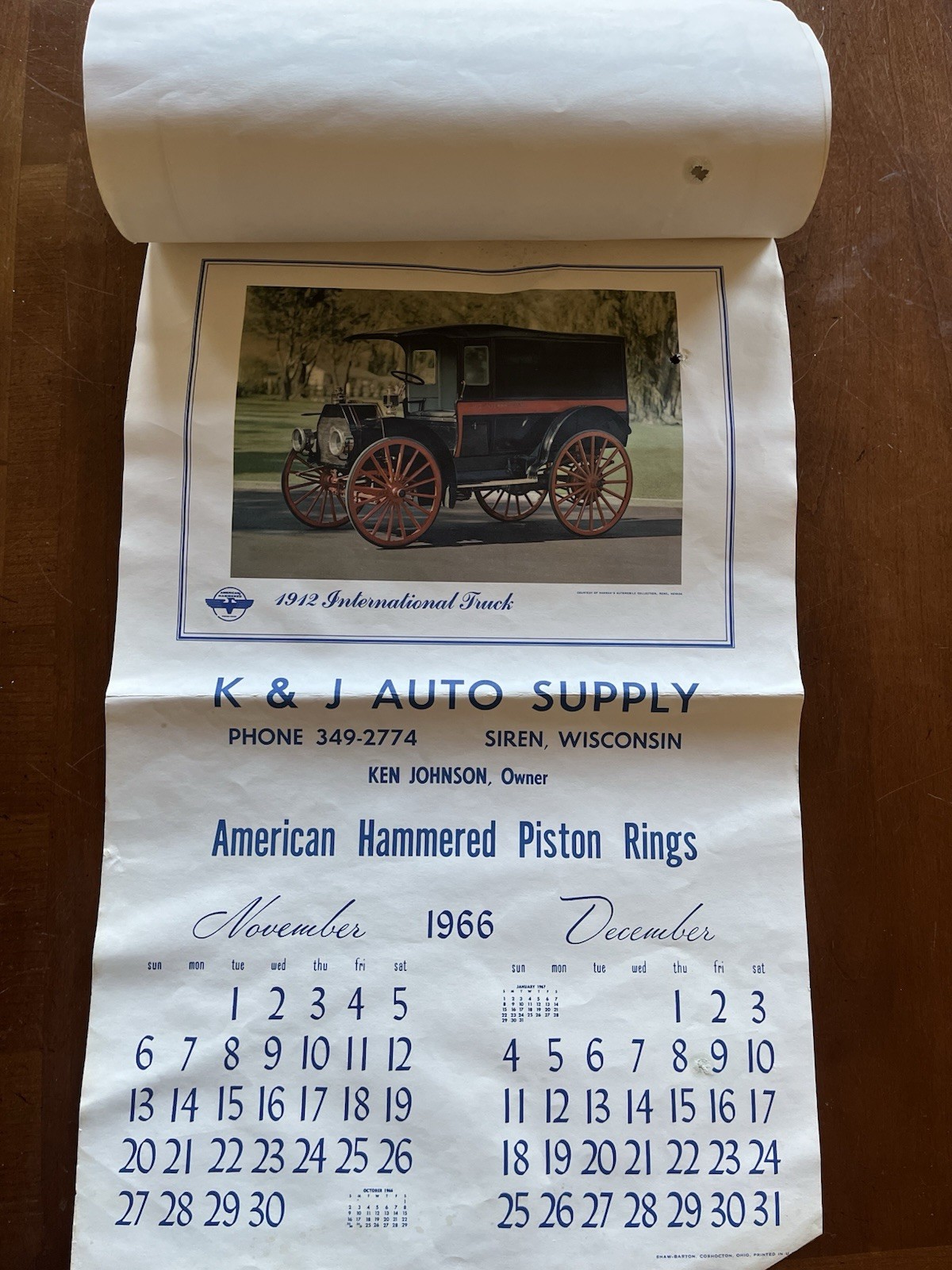 1966 American Hammered Piston Rings Calendar K&J Auto Supply Display Siren WI