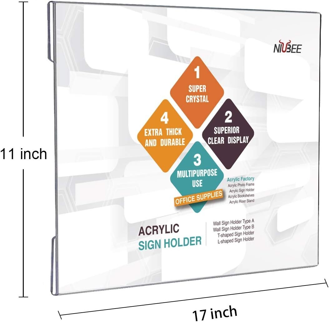 NIUBEE Acrylic Sign Holder 11×17 Horizontal, Clear Poster Picture Frames *5pack*