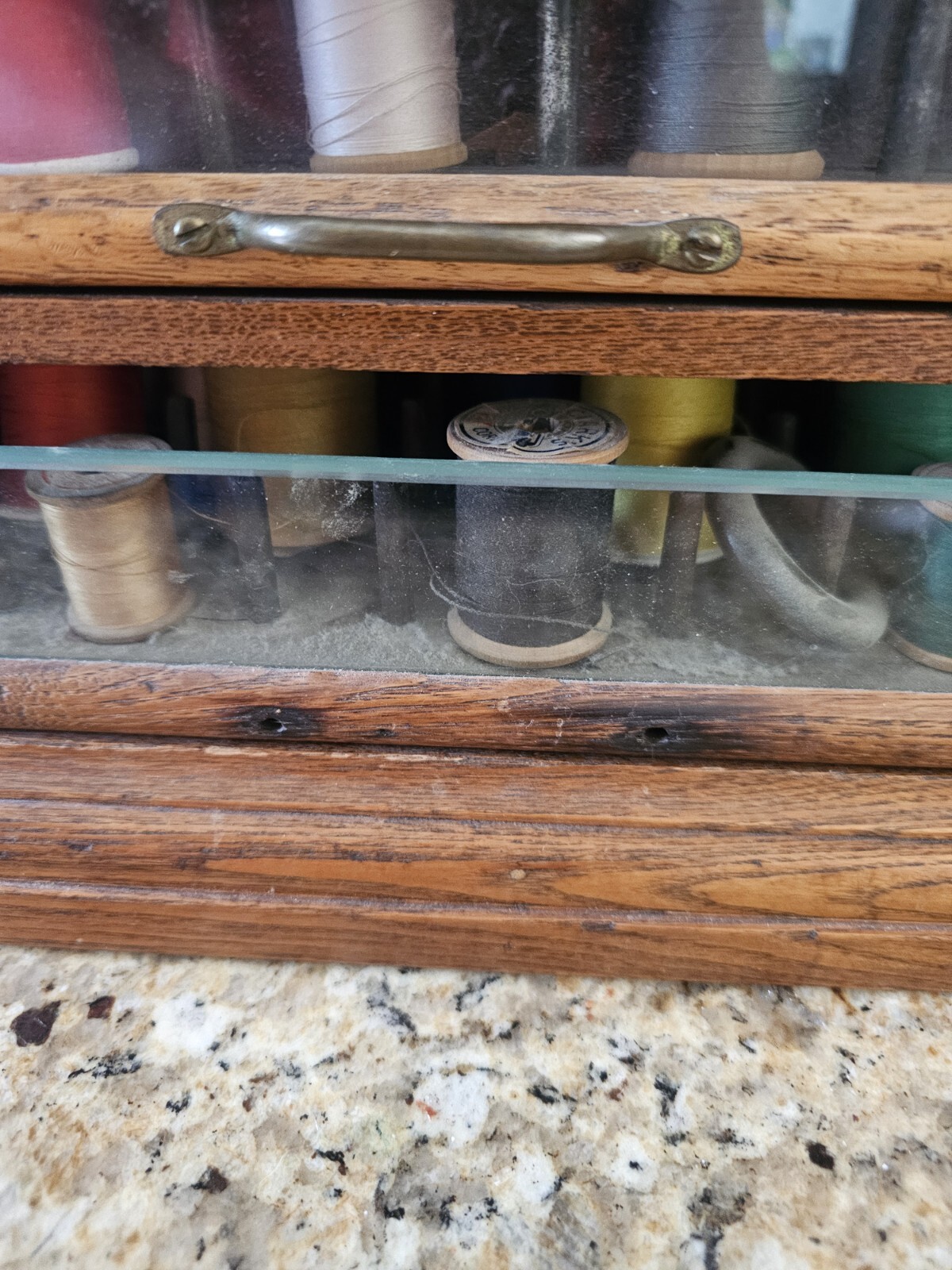 Early A.H. Rice & Co spool cabinet 4 drawer Wood Oak & Glass 19’W x 12″H x 18″D