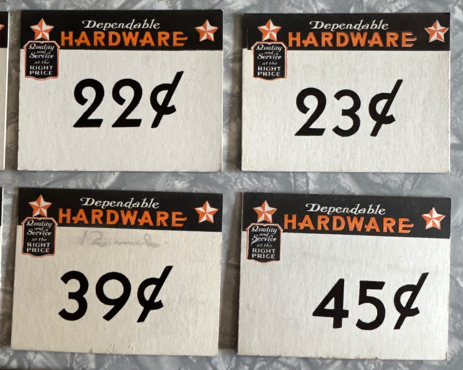 17 DIFF CIRCA 1920’S DEPENDABLE HARDWARE STORE PRICE TAGS CANDY BARS JARS