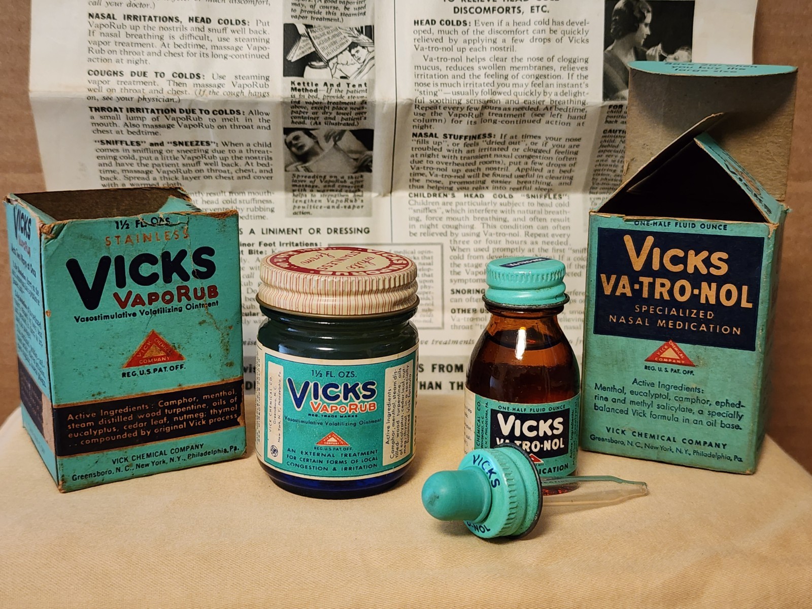 Vintage VICKS VapoRub and VICKS VA-TRO-NOL nose drops full sealed bottles w/ box
