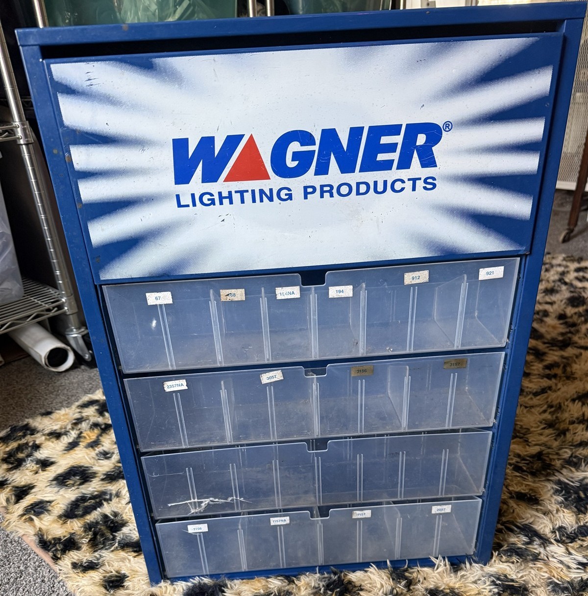 Vintage Wagner Automotive Lighting Bulb Cabinet Blue Metal Plastic Bins