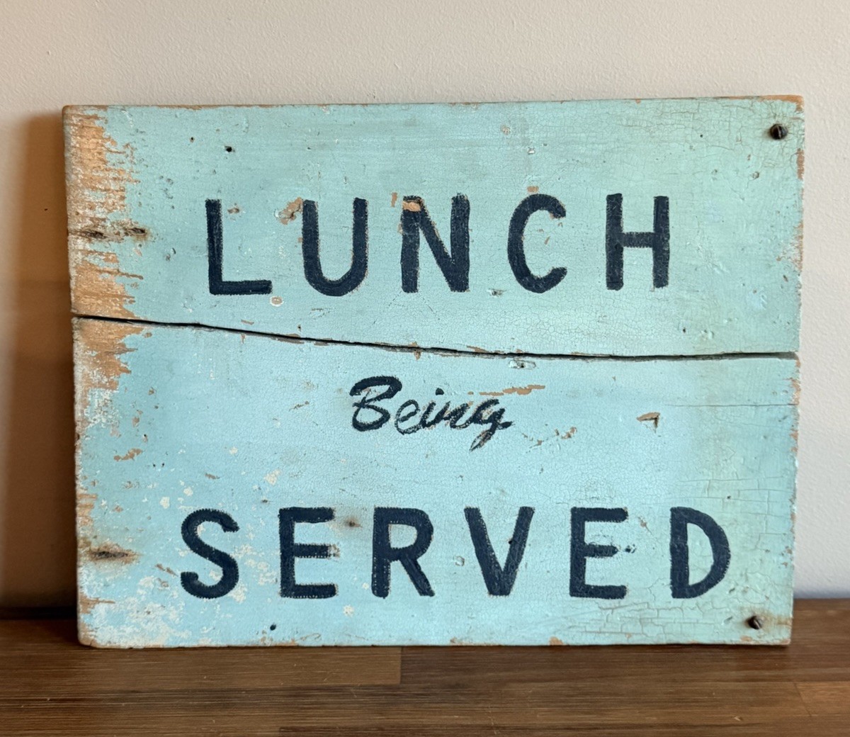 Early 20th Century Original Wood Turquoise Hand Painted Sign Lunch Being Served
