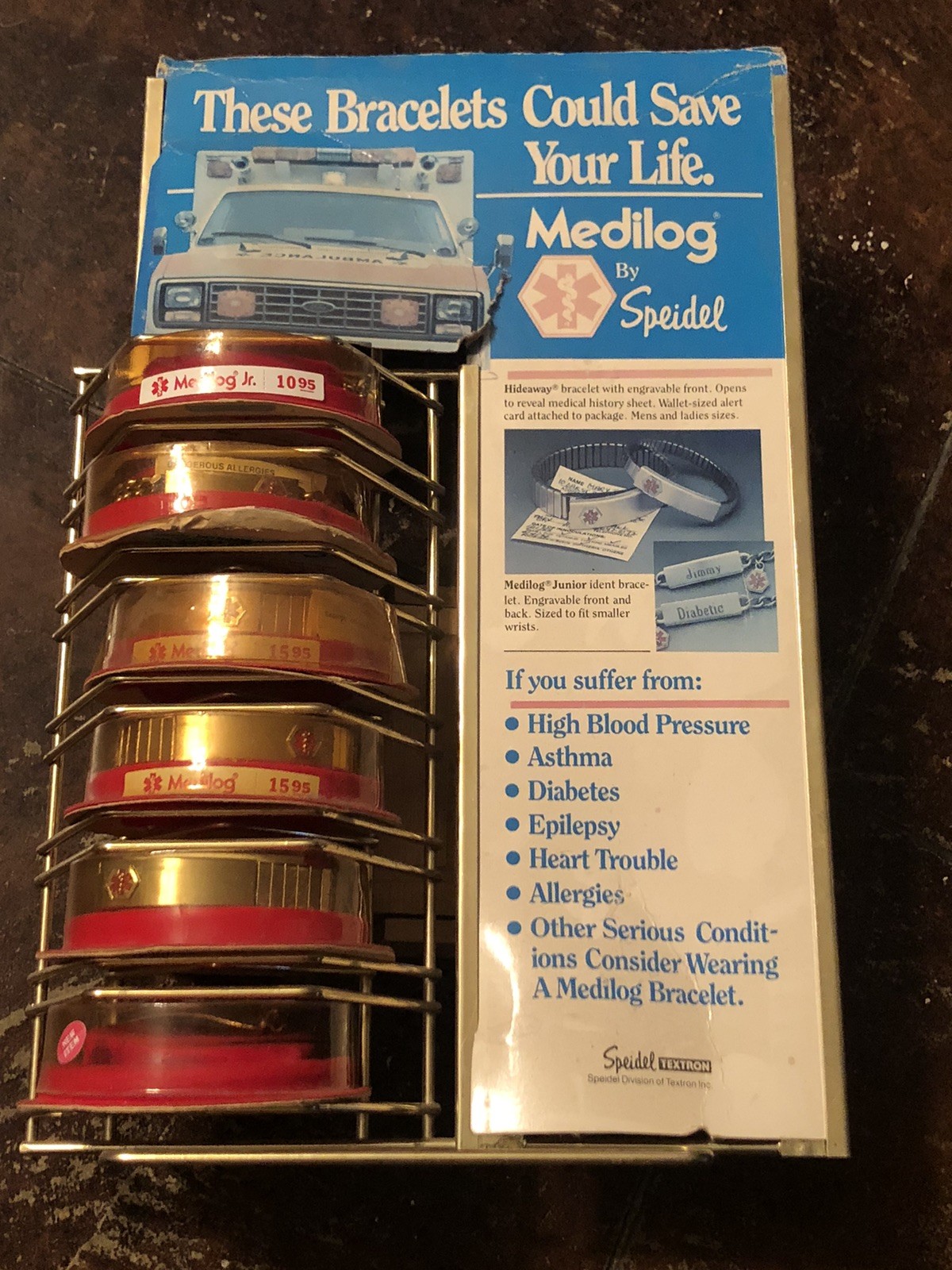 Vintage Medilog By Speidel Advertising Display With 6 Bracelets 9 1/2”W By 14”H