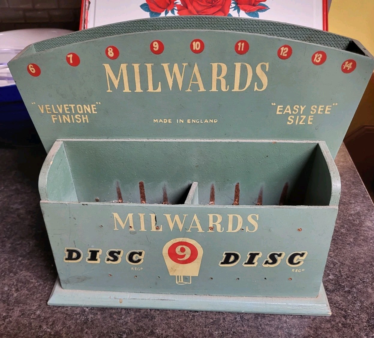 Vintage Milwards Knitting Needle Counter Top Store Display Wood 1950s 13″ Wide